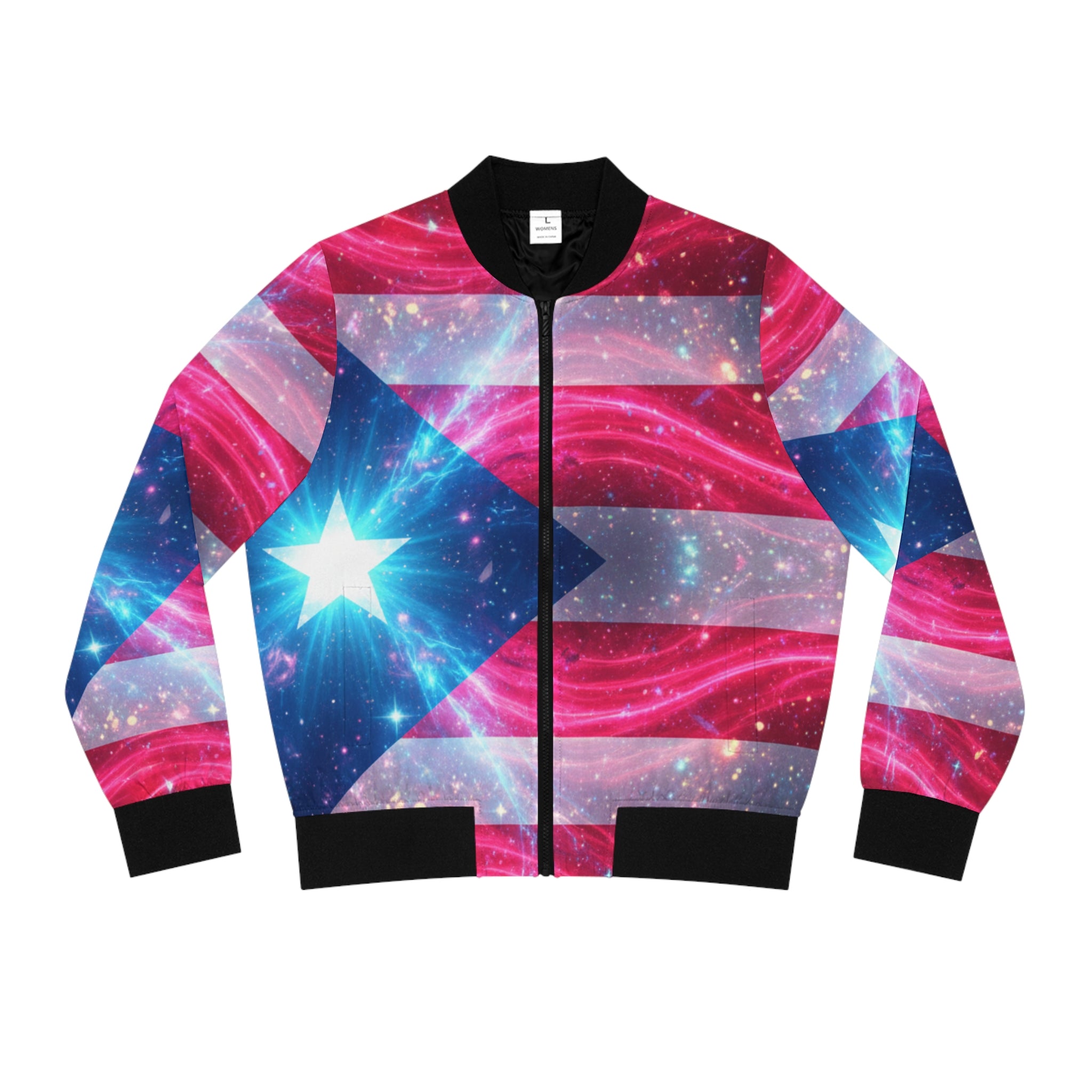 La Bandera Vive Bomber Jacket — Neon Flag All-Over Print