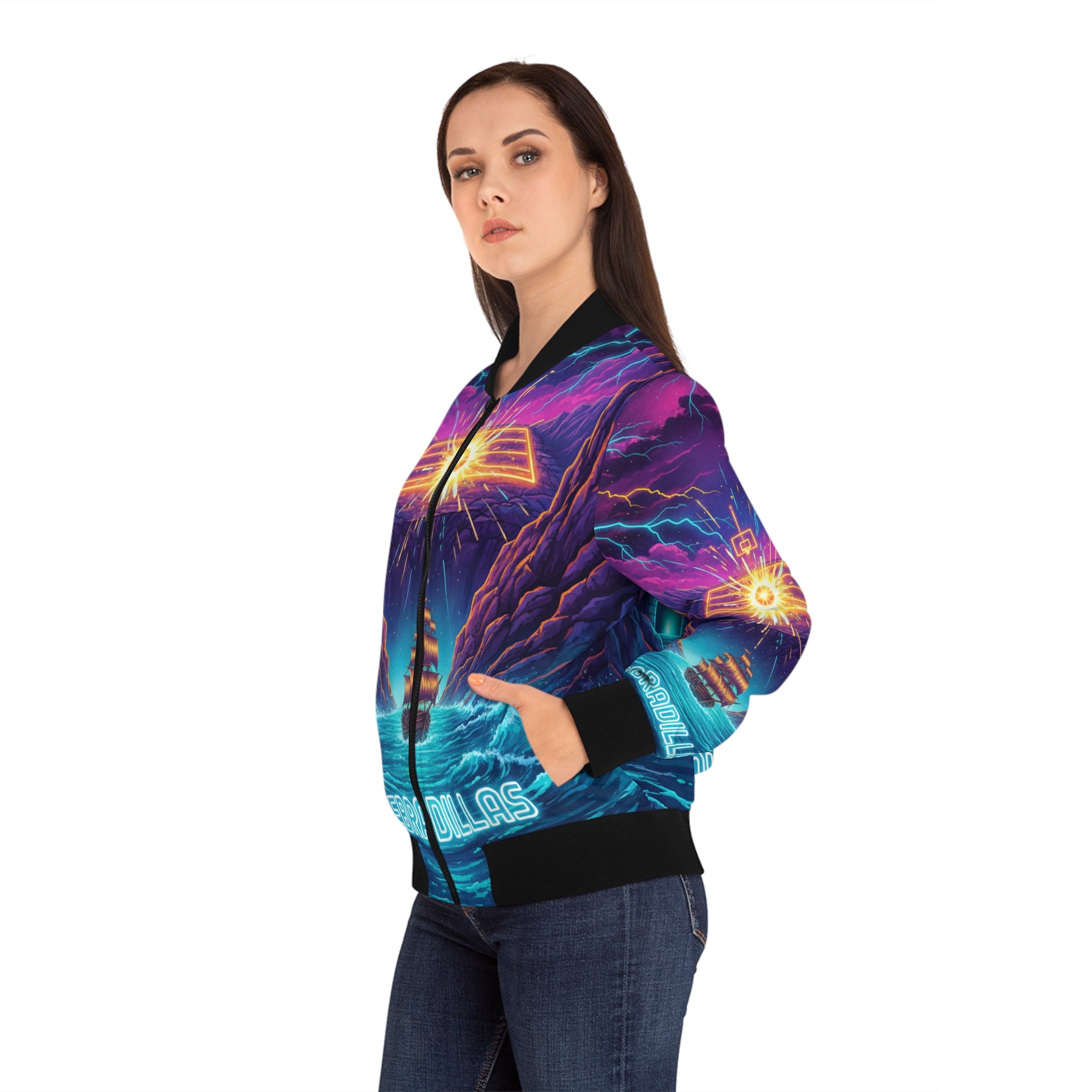 Quebradillas: El Pirata Cósmico Bomber Jacket — 'Quebradillas' Neon Nautical Design