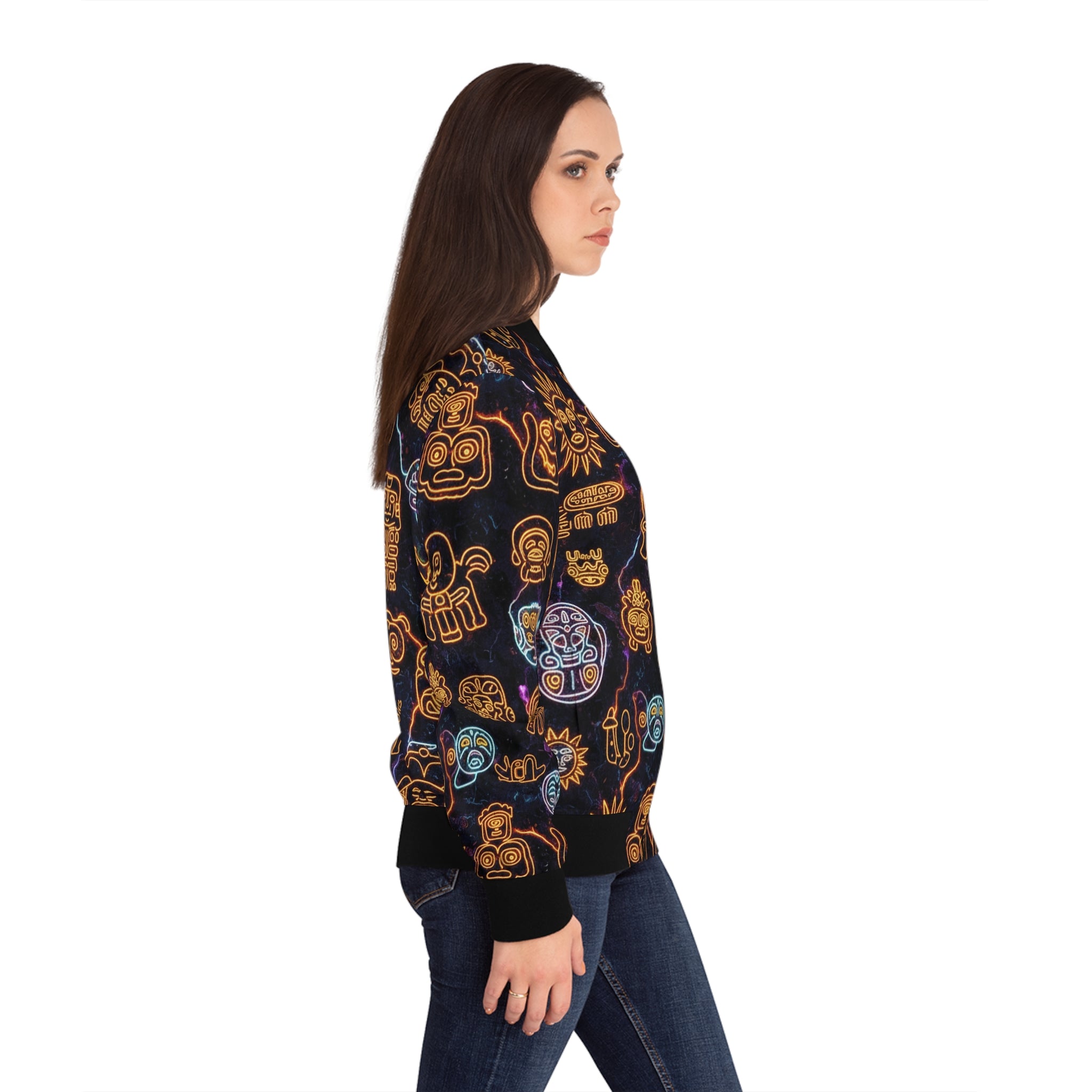 Los Petroglifos Bomber Jacket — Neon Tribal Icons