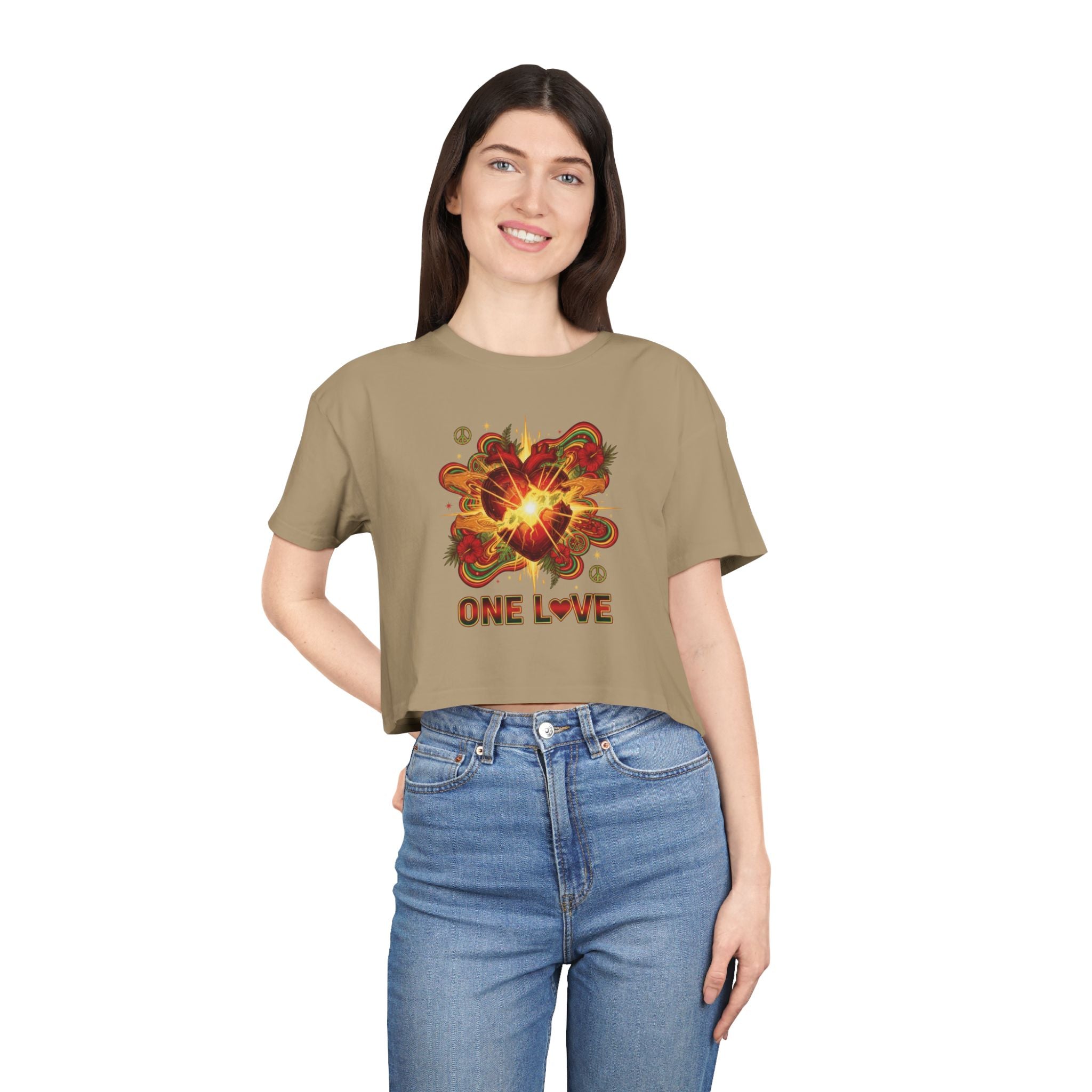 One Love Retro Heart Crop Tee — Women's Peace & Flower Power Graphic