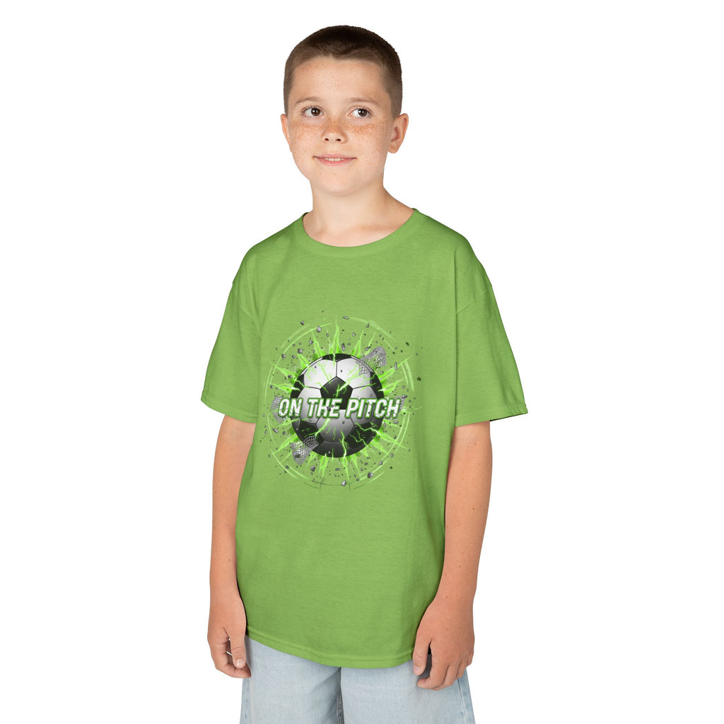 Kids Soccer T‑Shirt — 'On The Pitch' Green Splatter Design