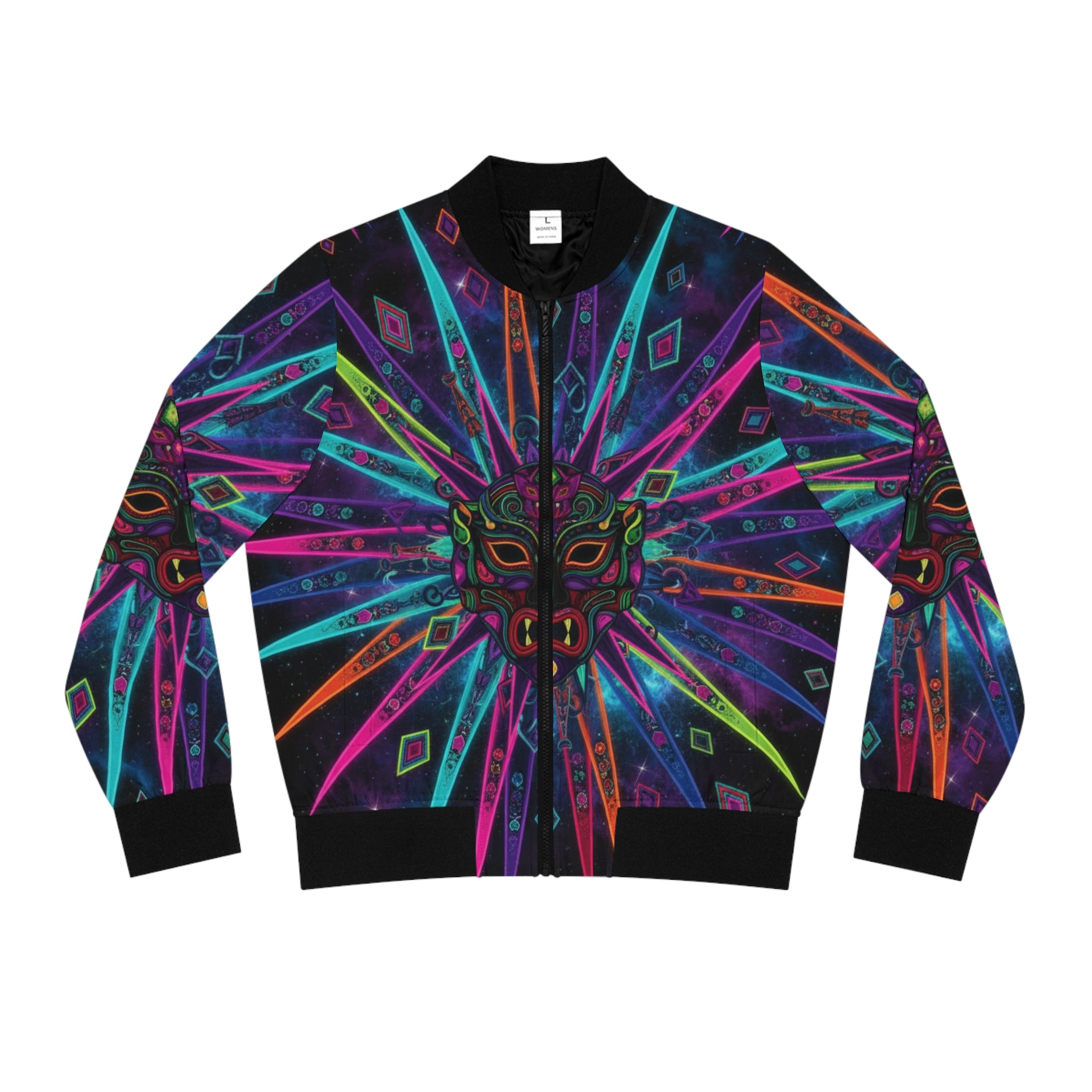 The Vejigante Explosion Bomber Jacket — Women's Vibrant Tribal Outerwear