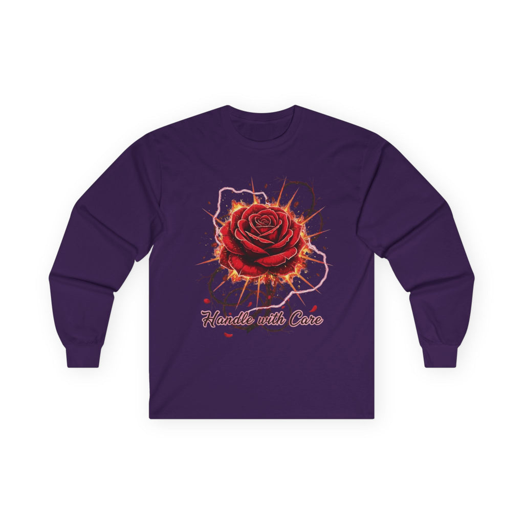 Long Sleeve Tee — Red Rose "Handle With Care" Graphic