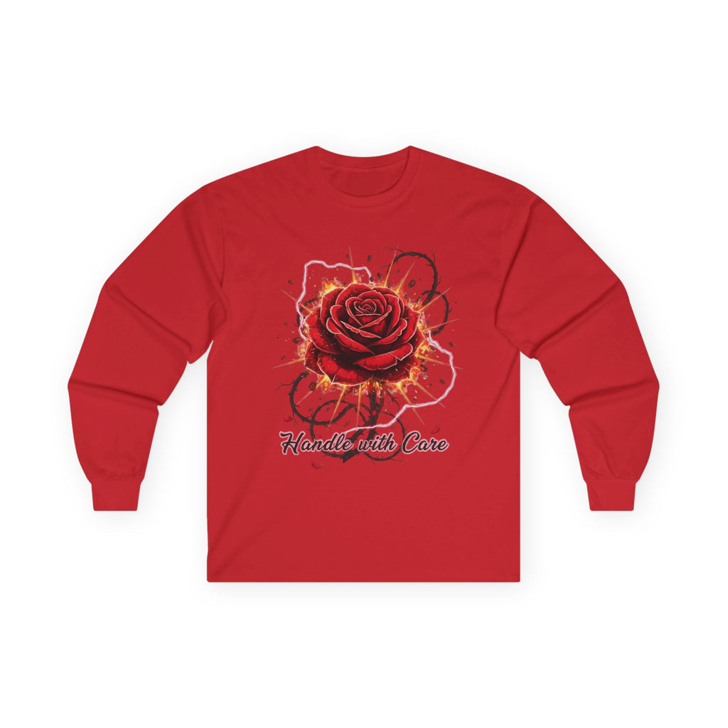 Long Sleeve Tee — Red Rose "Handle With Care" Graphic