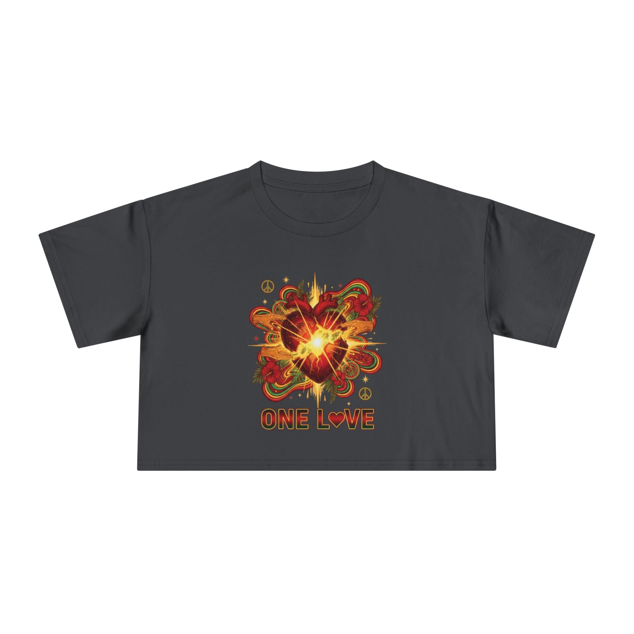 One Love Retro Heart Crop Tee — Women's Peace & Flower Power Graphic