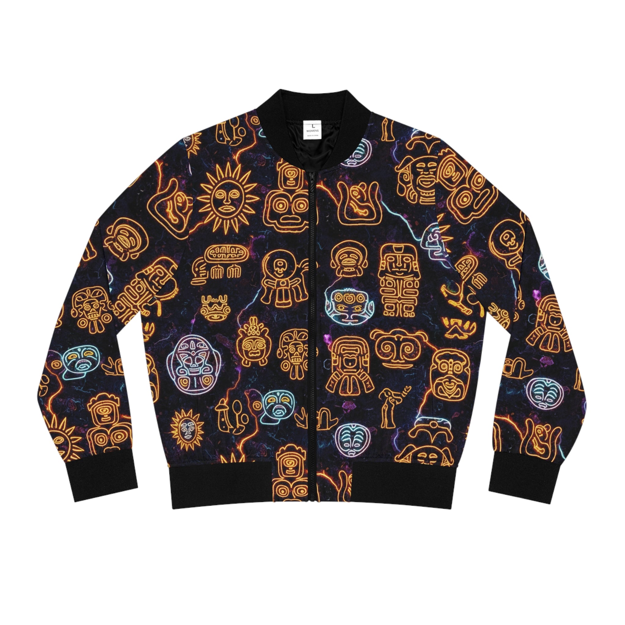 Los Petroglifos Bomber Jacket — Neon Tribal Icons
