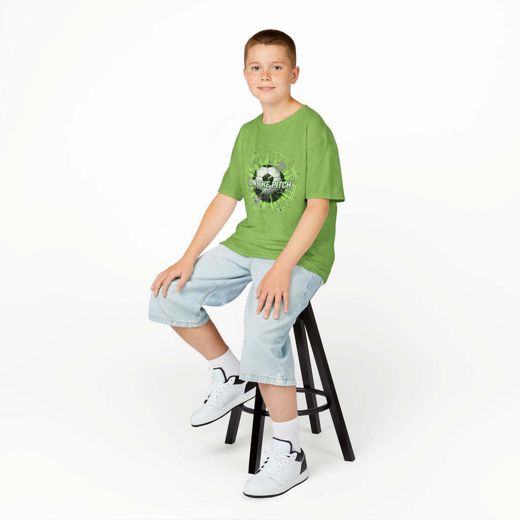 Kids Soccer T‑Shirt — 'On The Pitch' Green Splatter Design