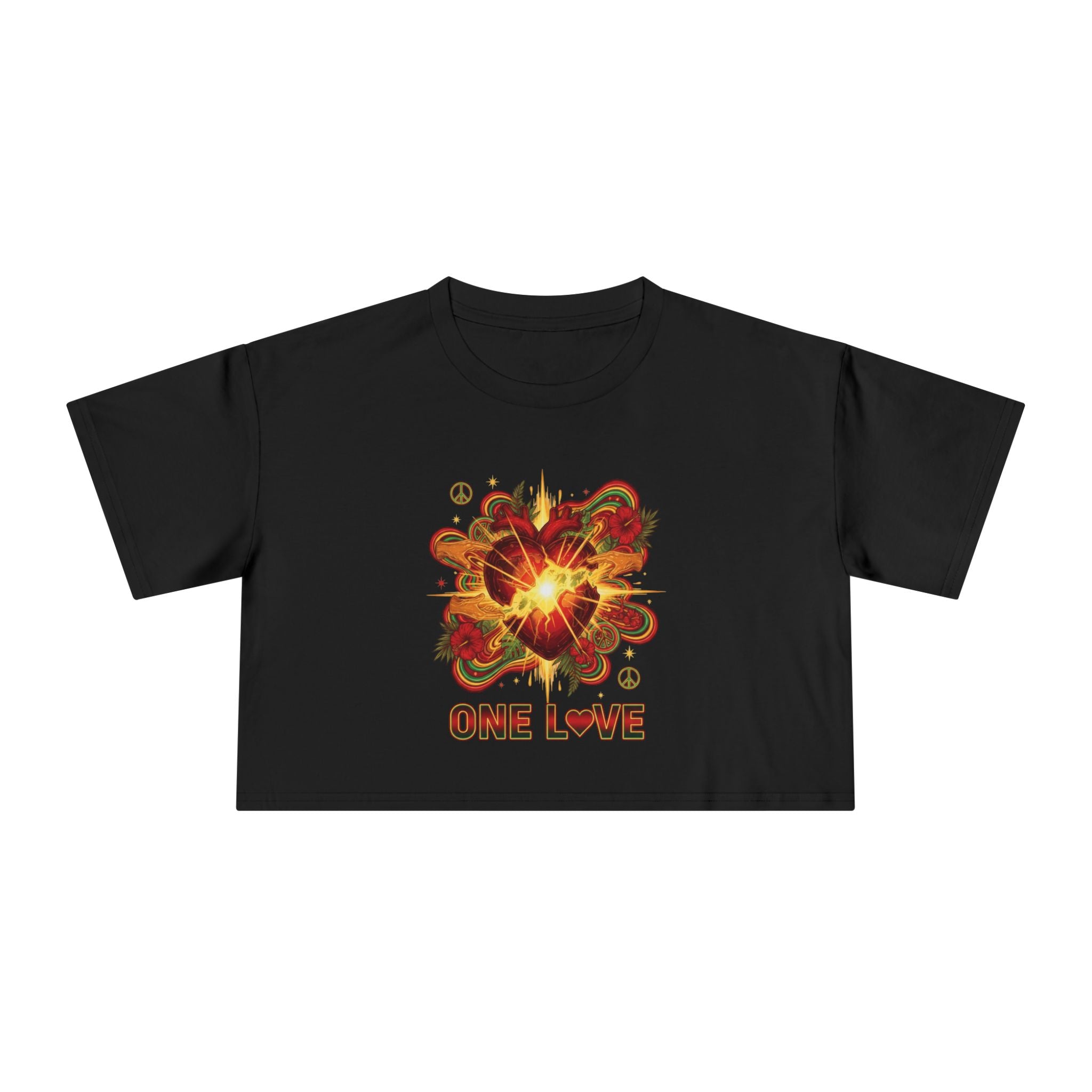 One Love Retro Heart Crop Tee — Women's Peace & Flower Power Graphic