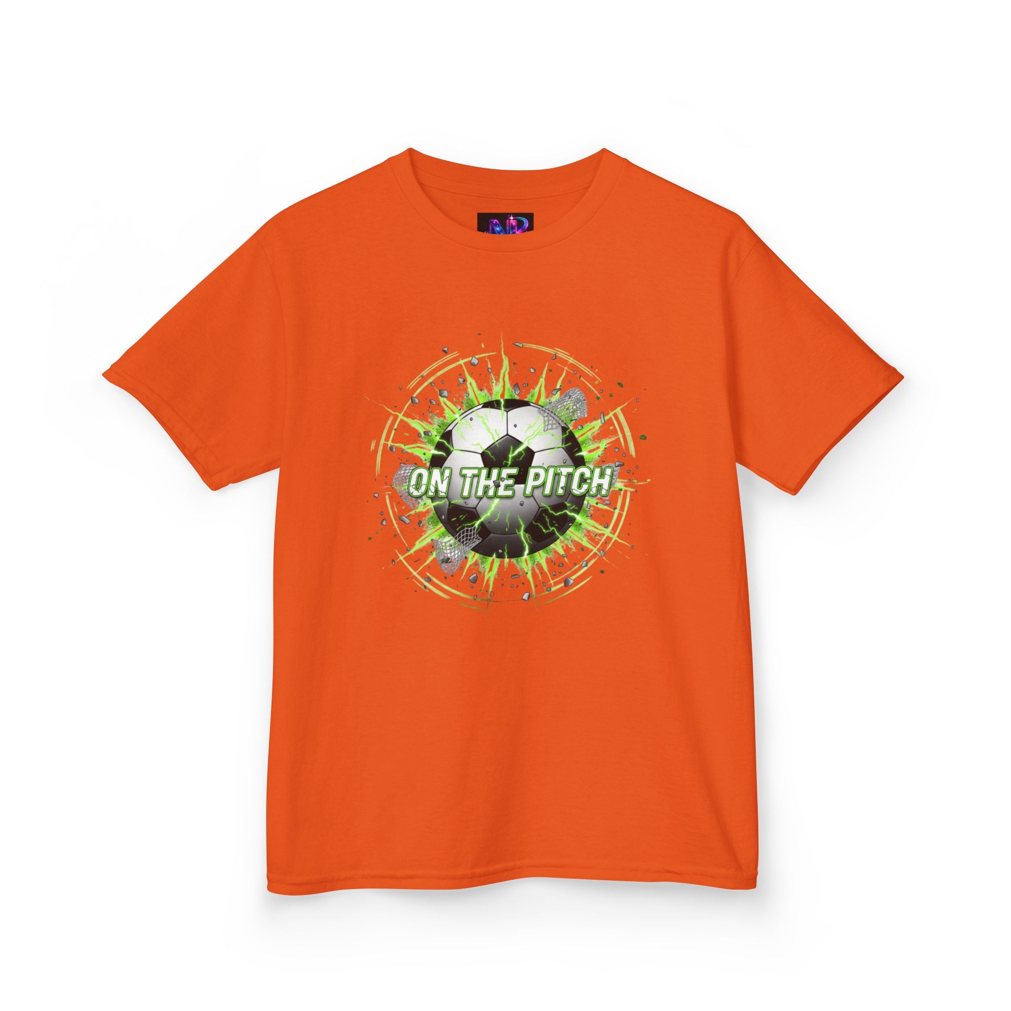 Kids Soccer T‑Shirt — 'On The Pitch' Green Splatter Design