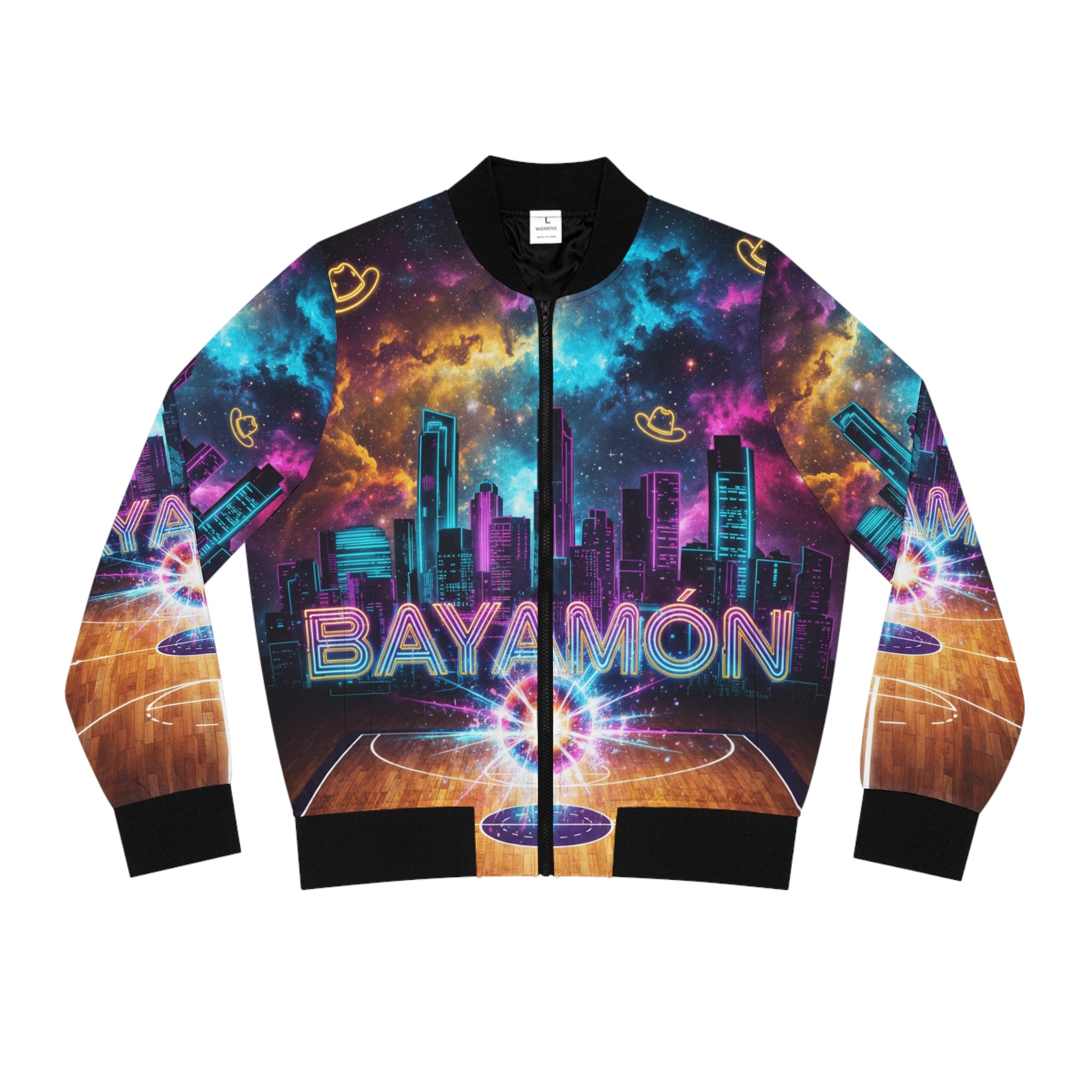 Bayamón: La Cancha Cósmica Bomber Jacket — Neon Basketball Court AOP