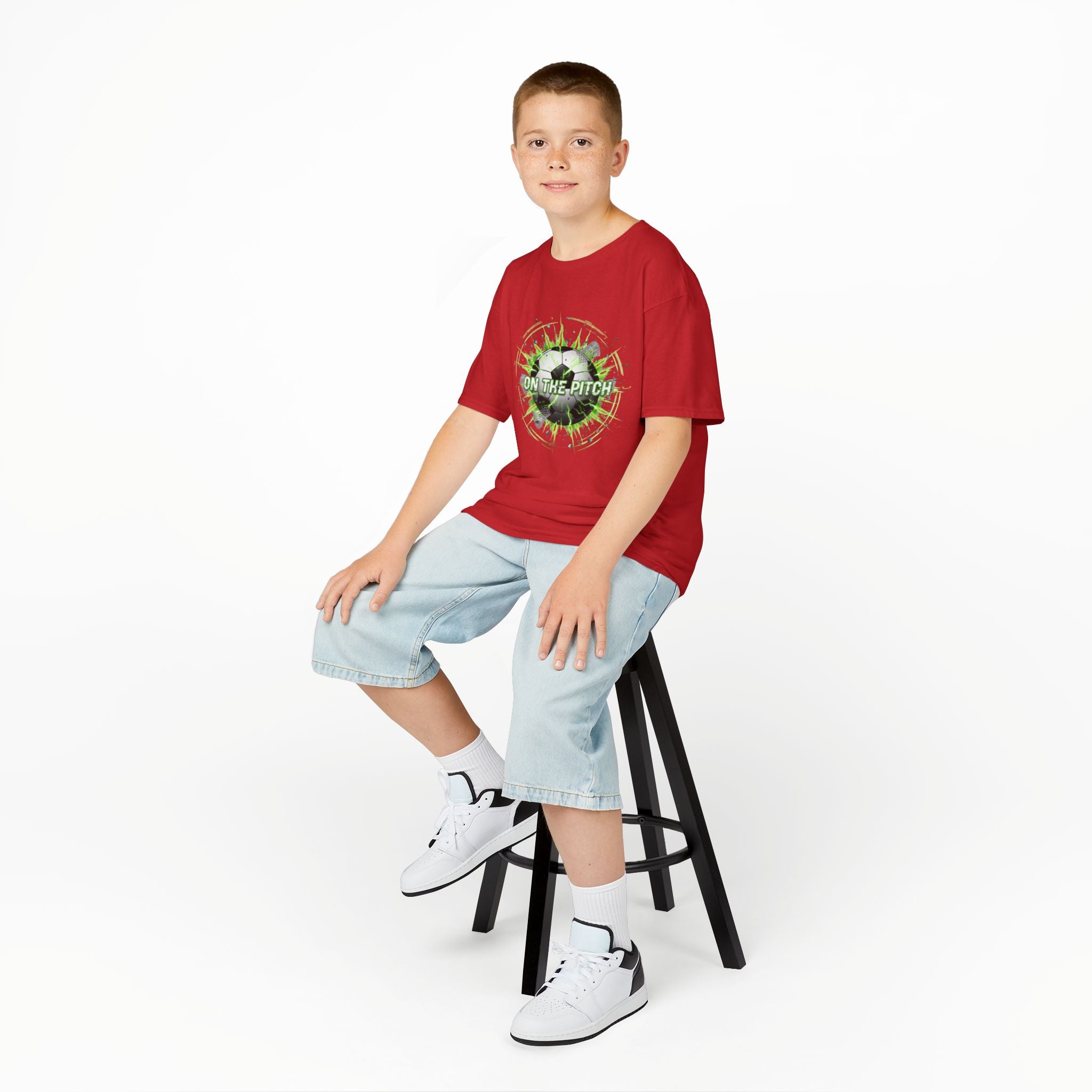Kids Soccer T‑Shirt — 'On The Pitch' Green Splatter Design