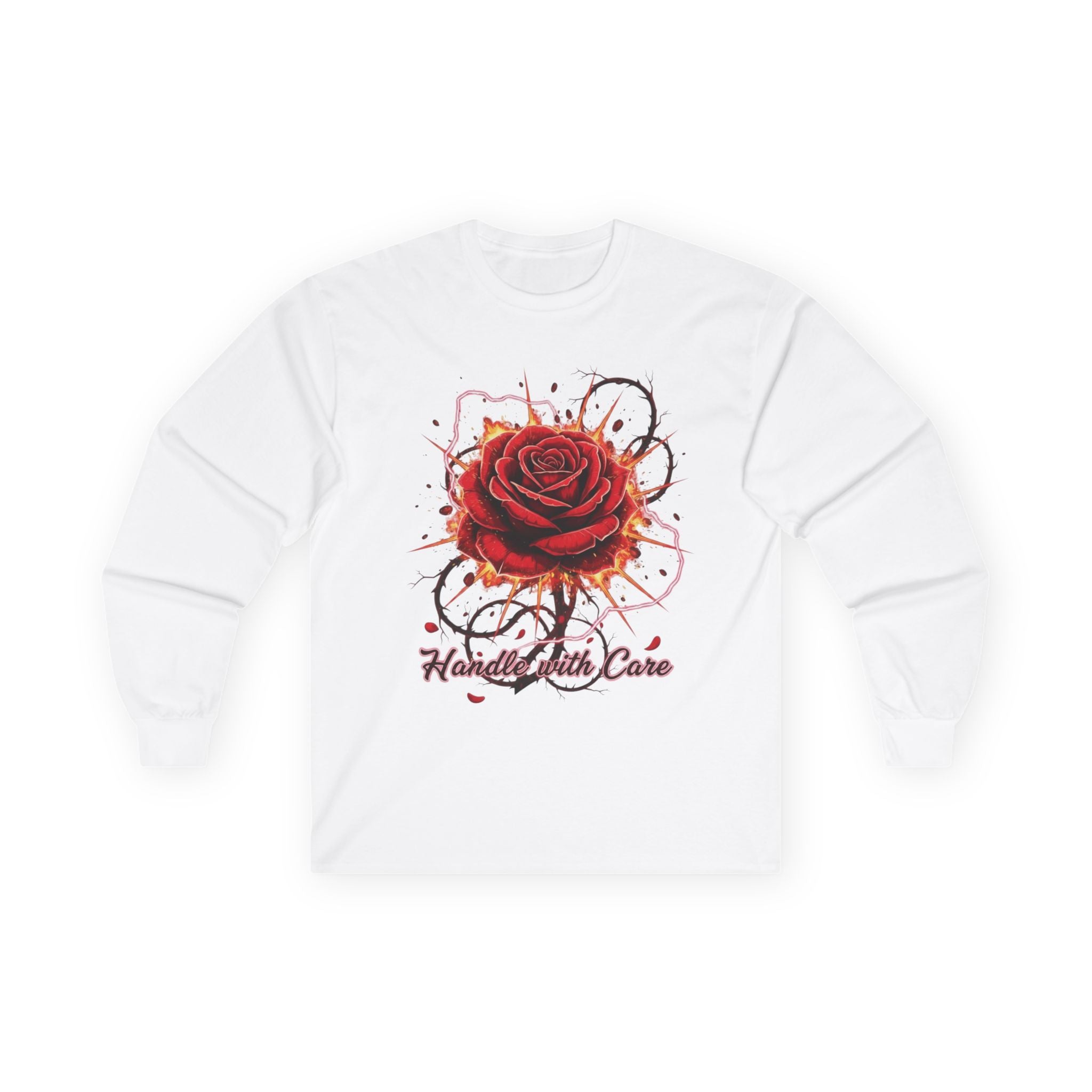 Long Sleeve Tee — Red Rose "Handle With Care" Graphic