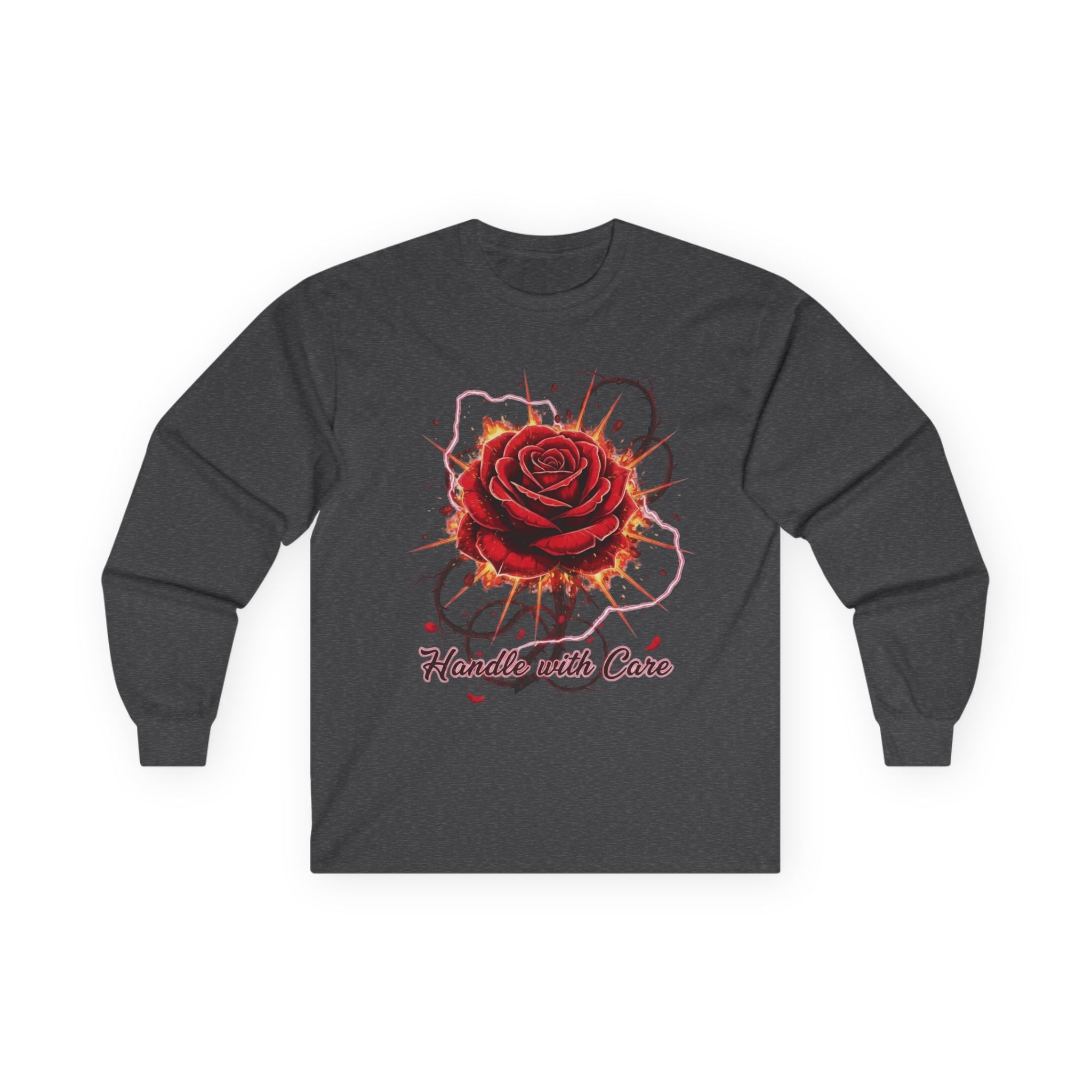 Long Sleeve Tee — Red Rose "Handle With Care" Graphic