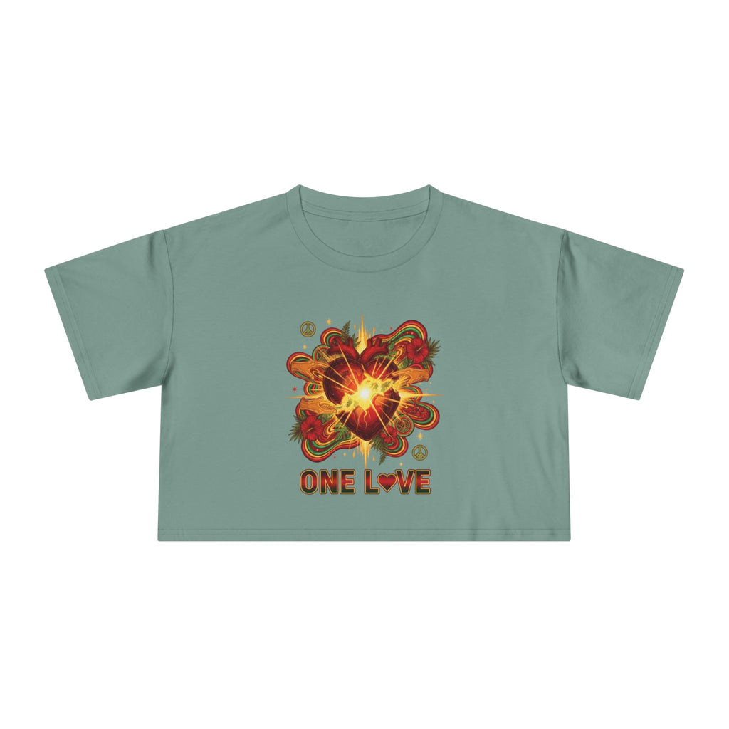 One Love Retro Heart Crop Tee — Women's Peace & Flower Power Graphic