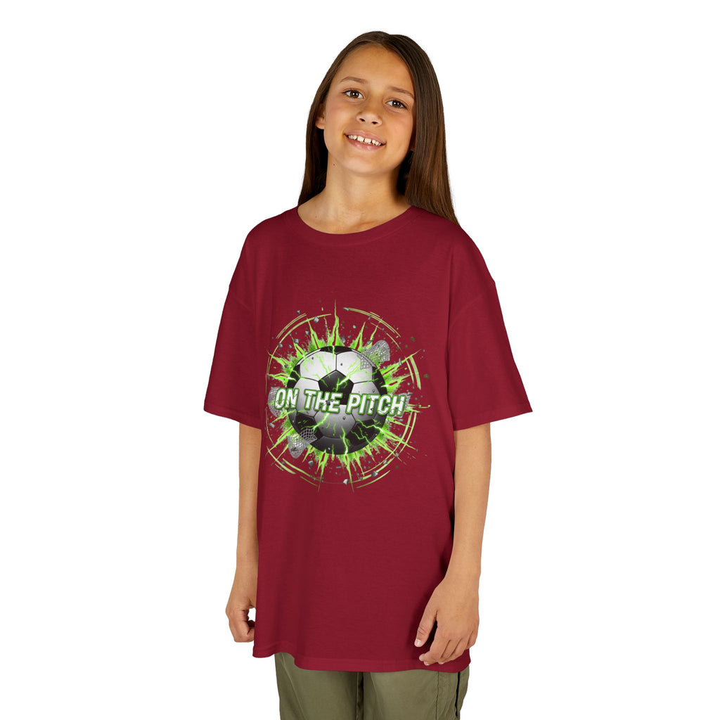 Kids Soccer T‑Shirt — 'On The Pitch' Green Splatter Design