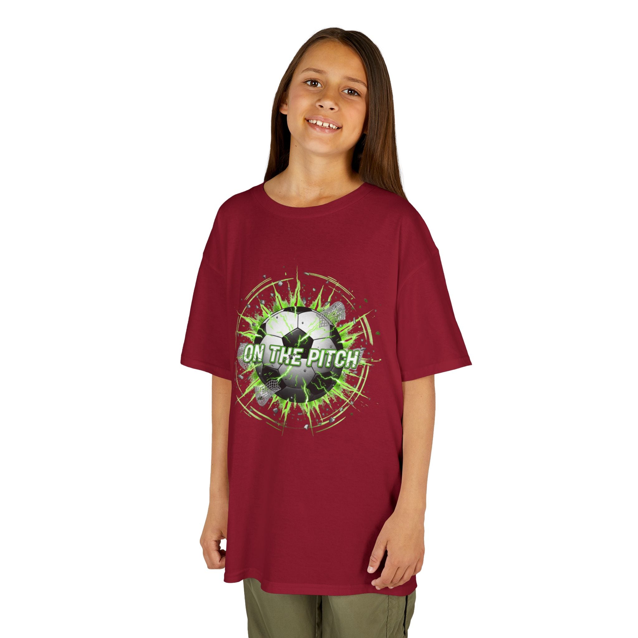 Kids Soccer T‑Shirt — 'On The Pitch' Green Splatter Design