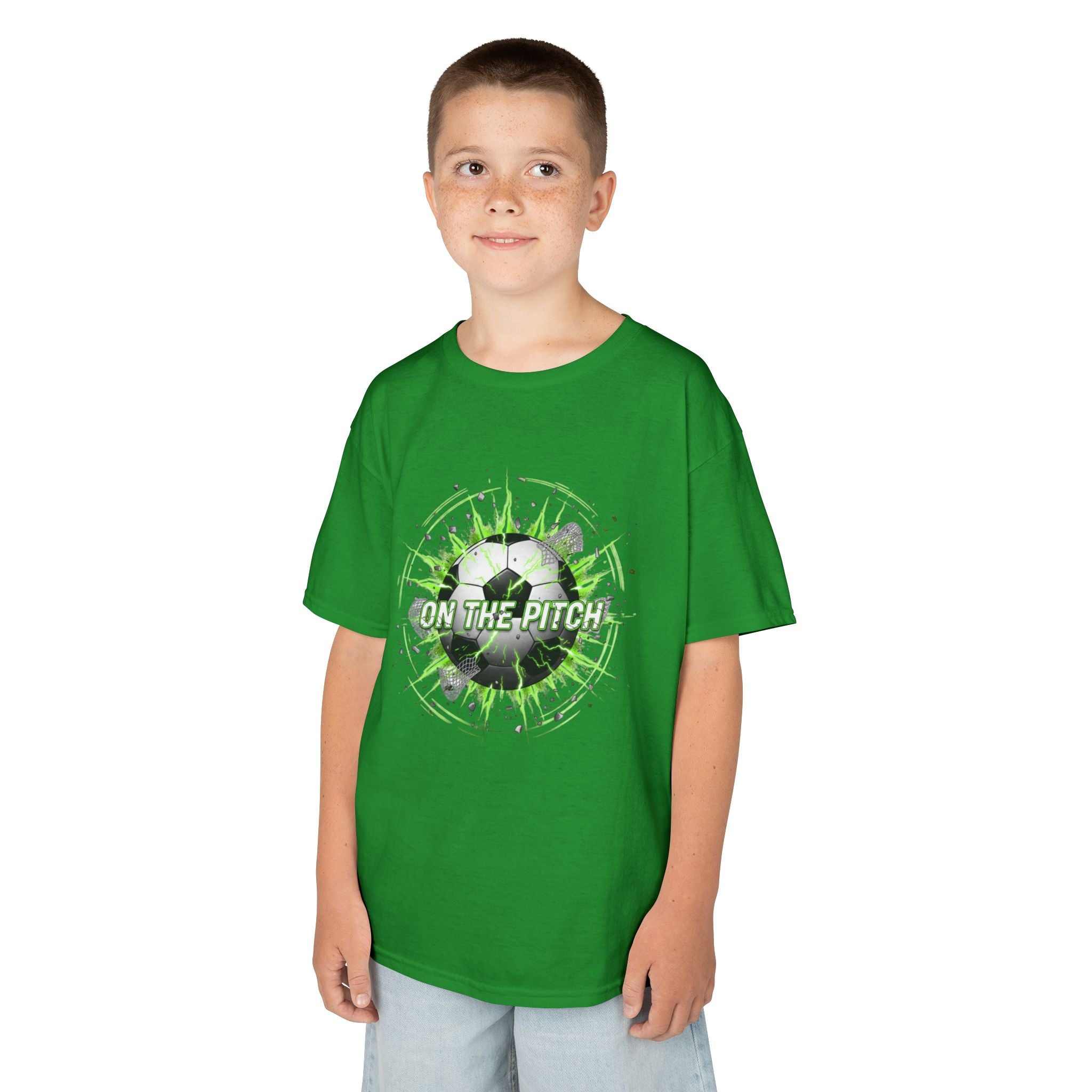 Kids Soccer T‑Shirt — 'On The Pitch' Green Splatter Design