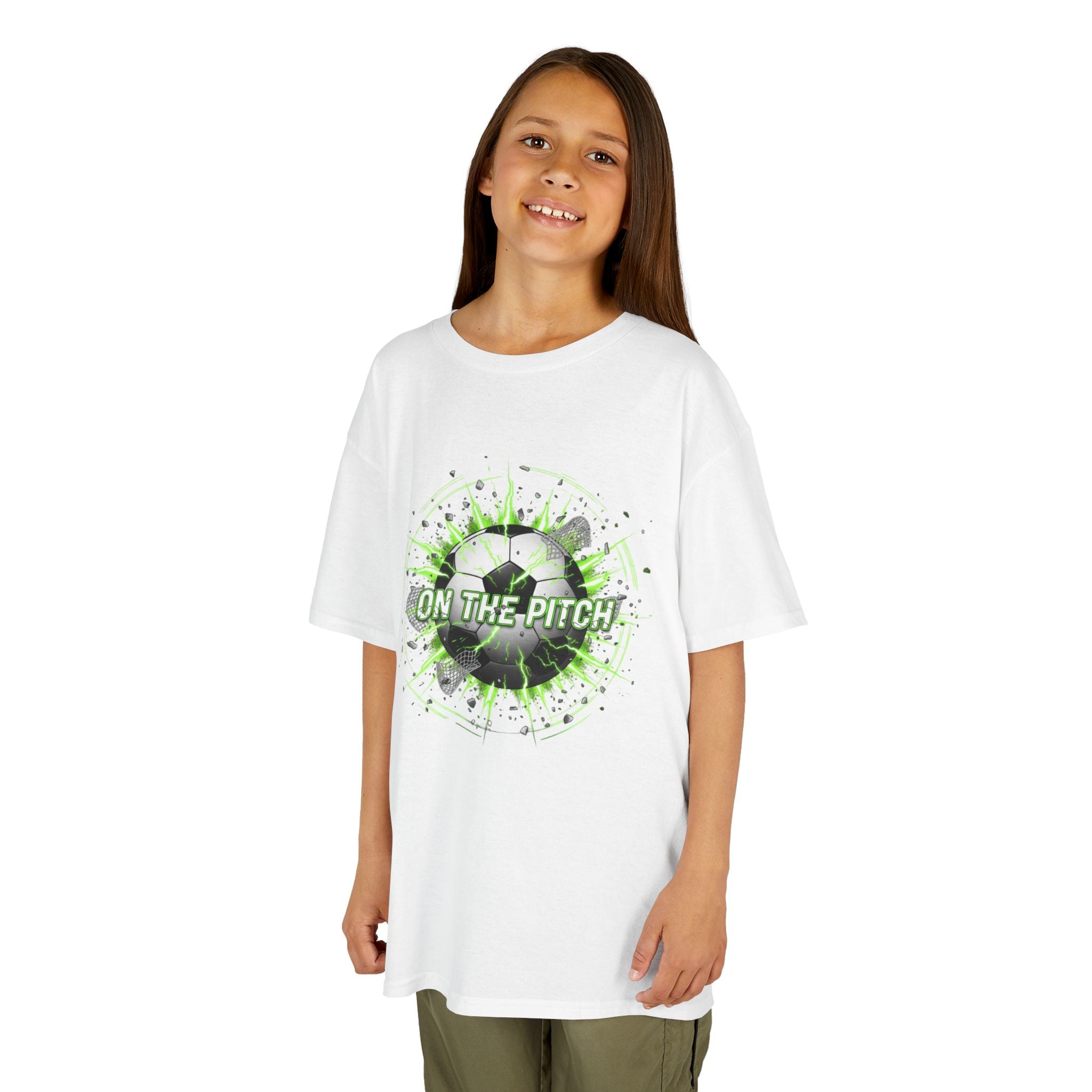 Kids Soccer T‑Shirt — 'On The Pitch' Green Splatter Design