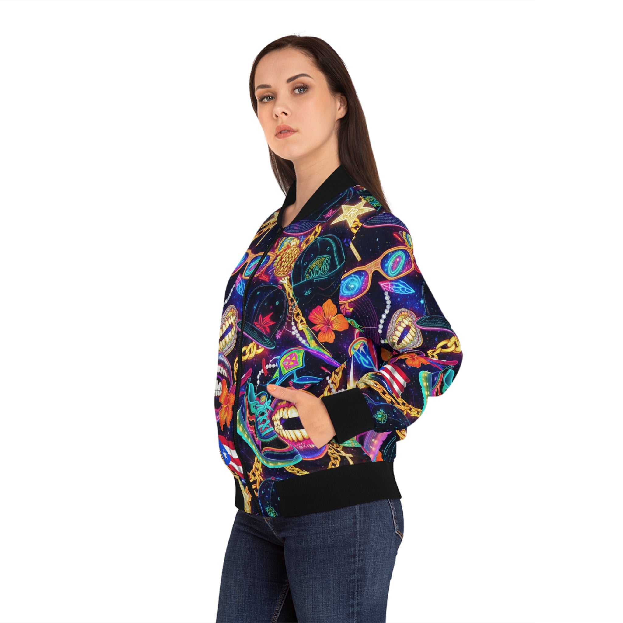 La Cultura: El Estilo Bomber Jacket — Puerto Rican Mask & Chain All-Over Print