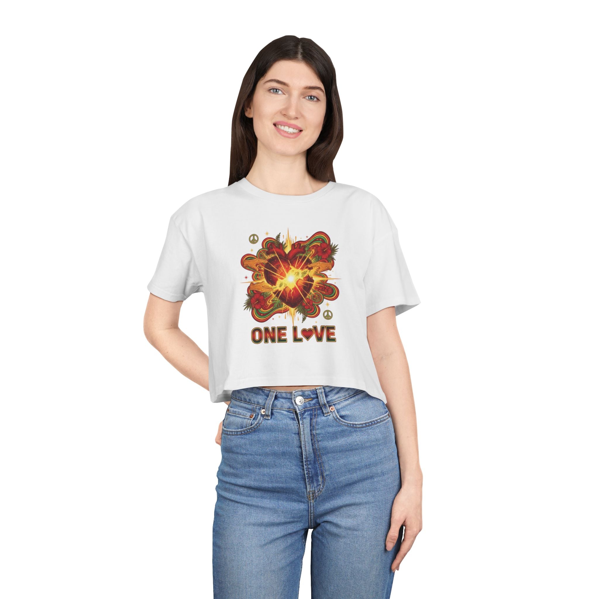 One Love Retro Heart Crop Tee — Women's Peace & Flower Power Graphic