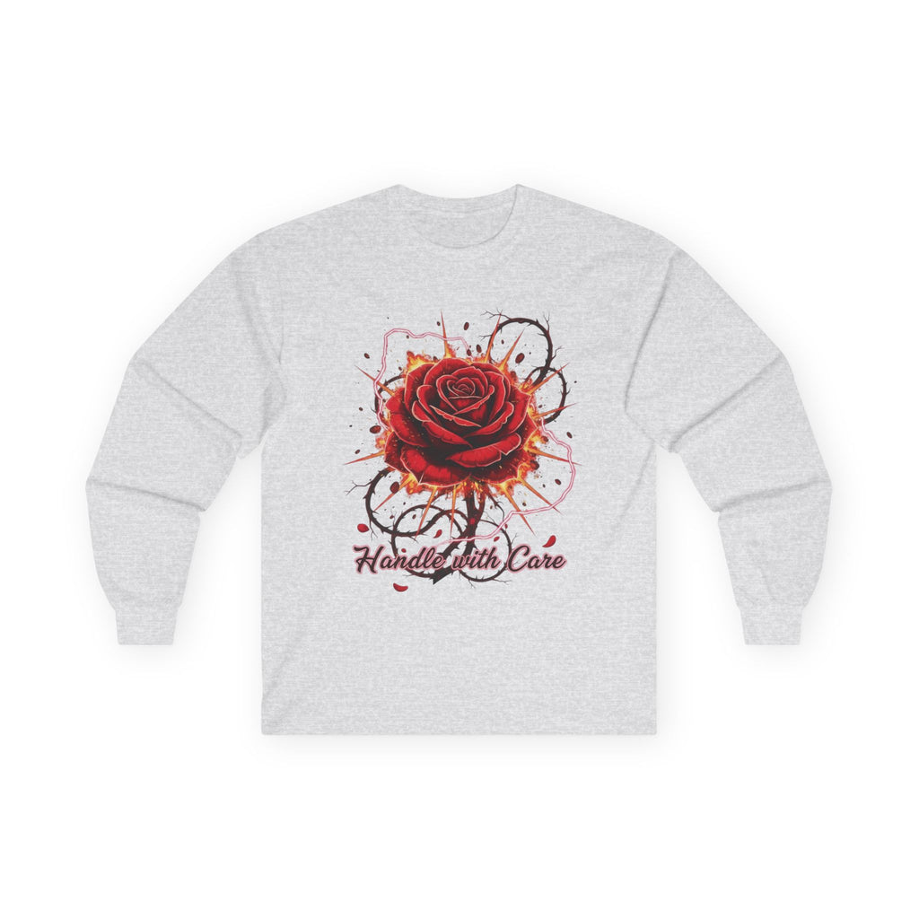 Long Sleeve Tee — Red Rose "Handle With Care" Graphic