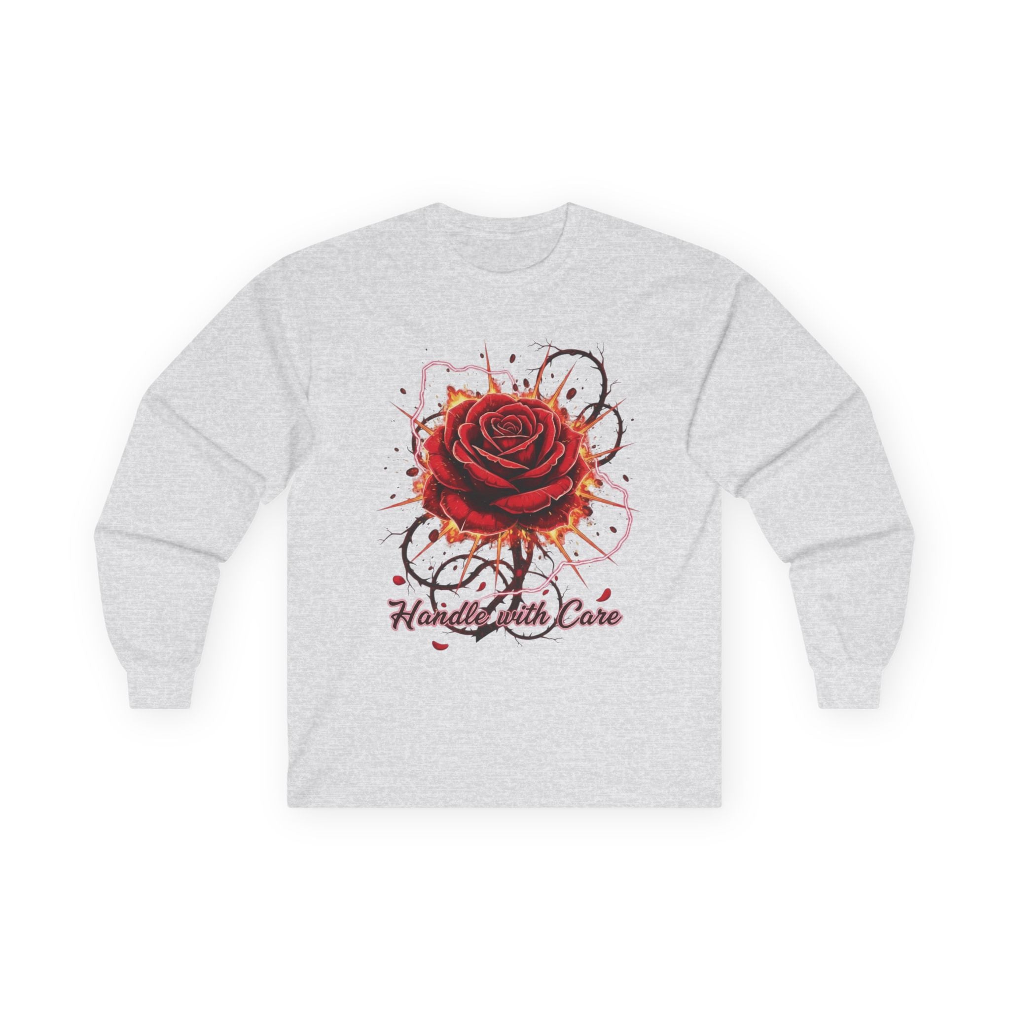 Long Sleeve Tee — Red Rose "Handle With Care" Graphic