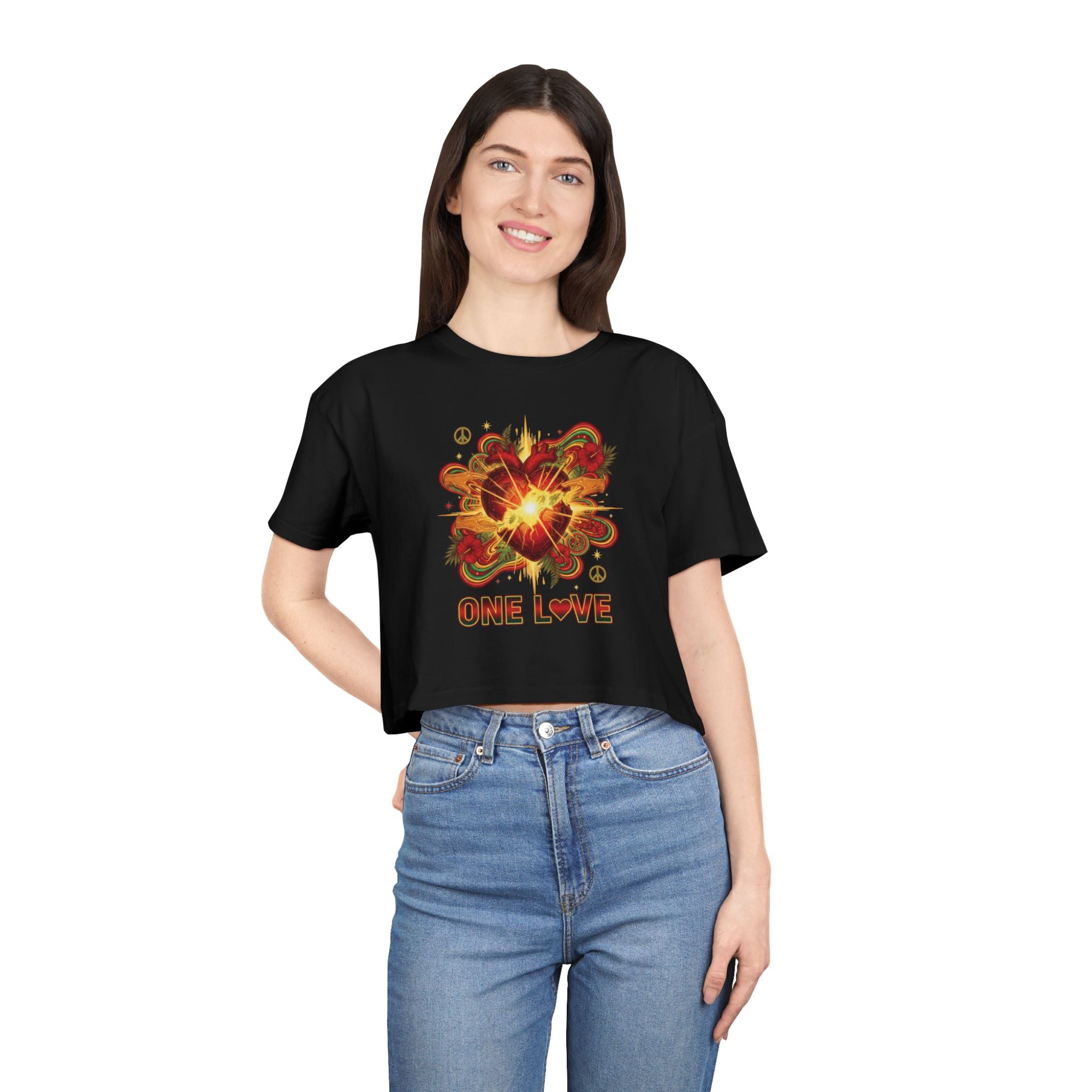 One Love Retro Heart Crop Tee — Women's Peace & Flower Power Graphic