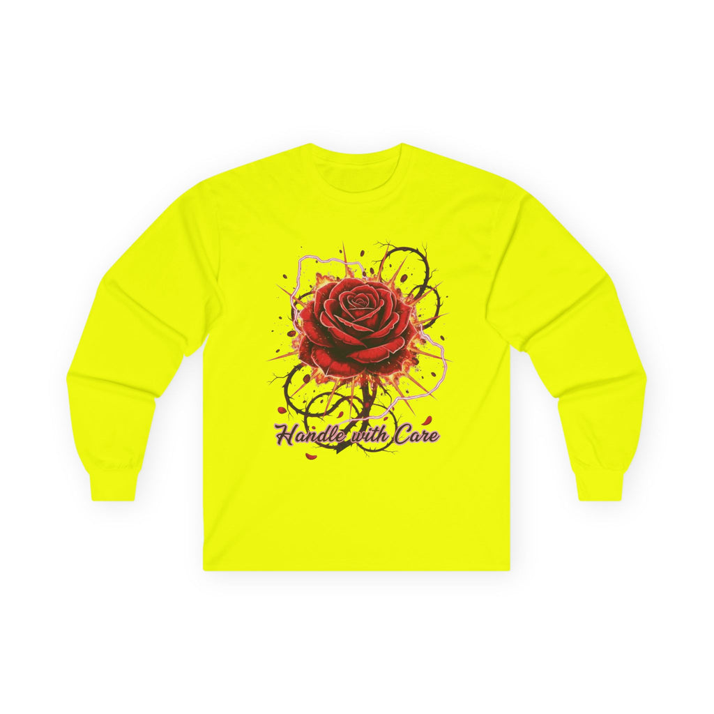 Long Sleeve Tee — Red Rose "Handle With Care" Graphic