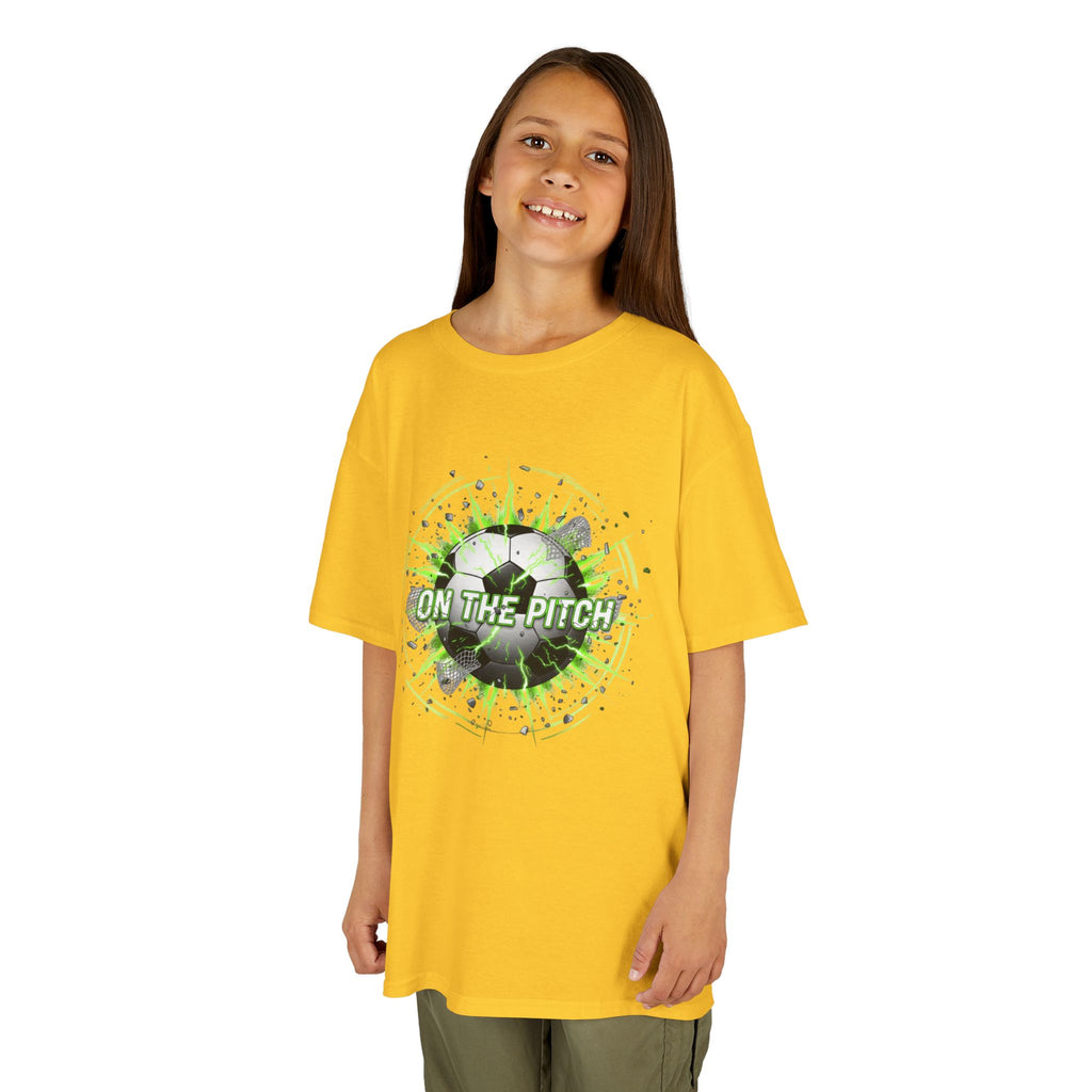 Kids Soccer T‑Shirt — 'On The Pitch' Green Splatter Design
