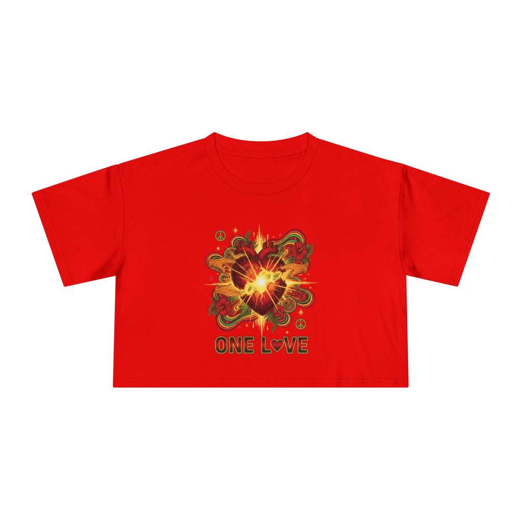 One Love Retro Heart Crop Tee — Women's Peace & Flower Power Graphic