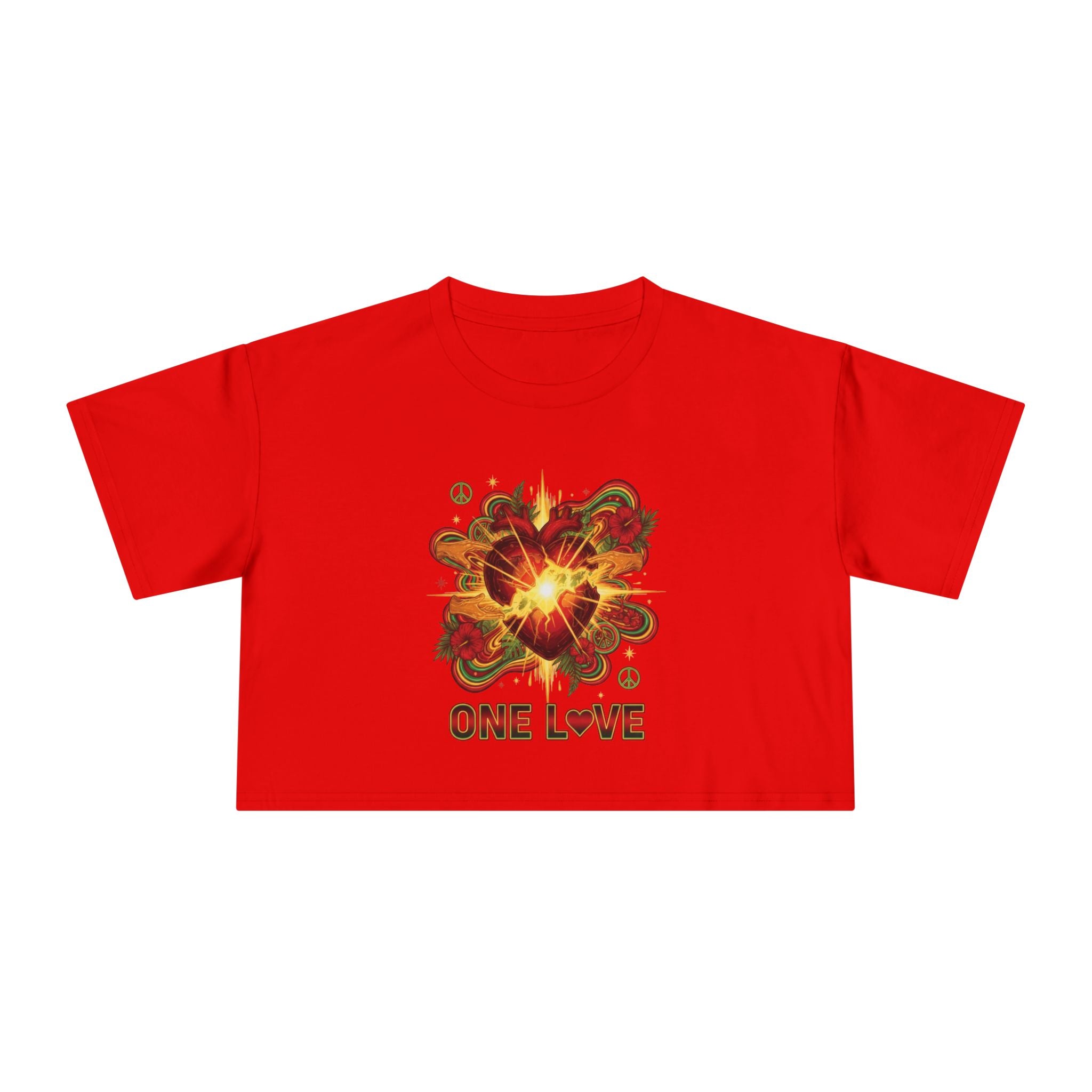 One Love Retro Heart Crop Tee — Women's Peace & Flower Power Graphic