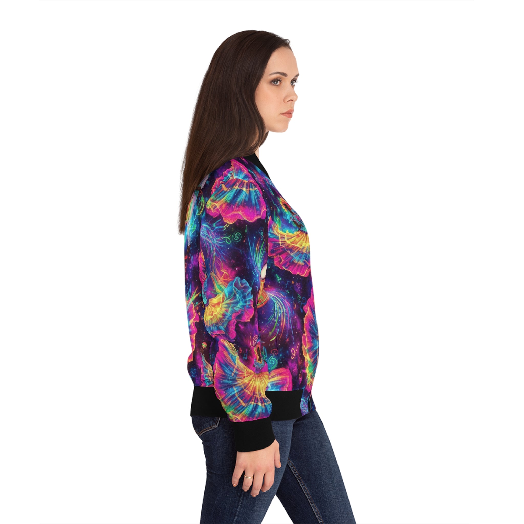 La Bomba Cósmica Bomber Jacket — Neon Dance Fiesta All-Over Print