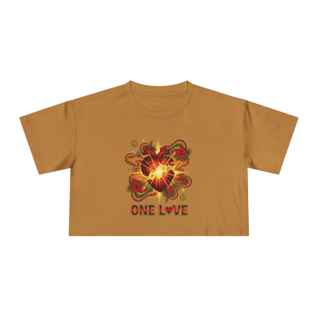 One Love Retro Heart Crop Tee — Women's Peace & Flower Power Graphic