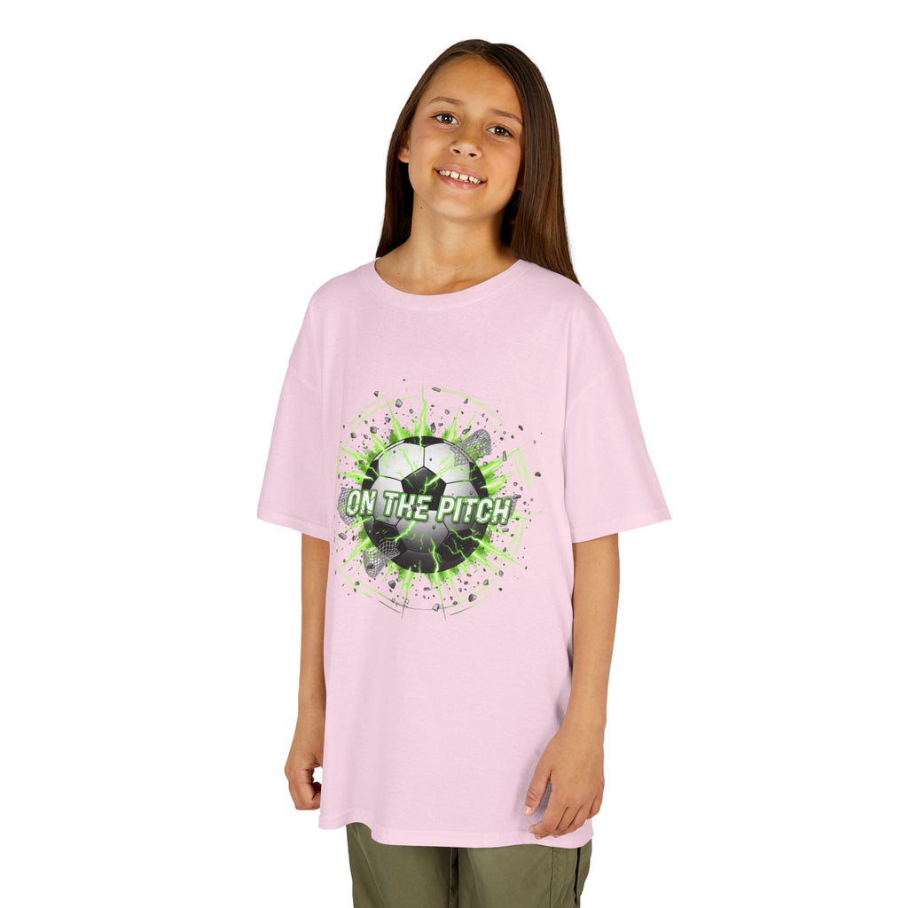 Kids Soccer T‑Shirt — 'On The Pitch' Green Splatter Design