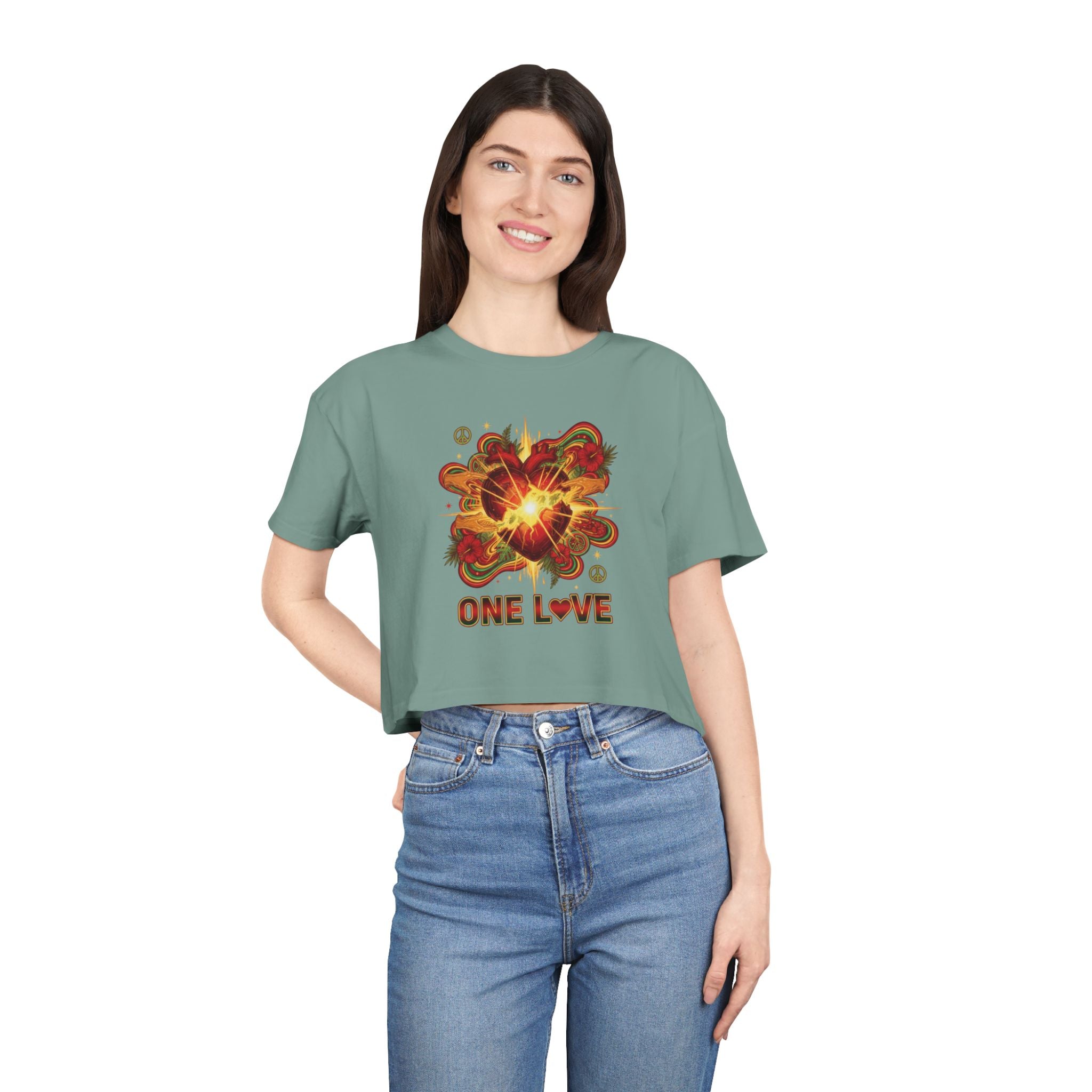 One Love Retro Heart Crop Tee — Women's Peace & Flower Power Graphic