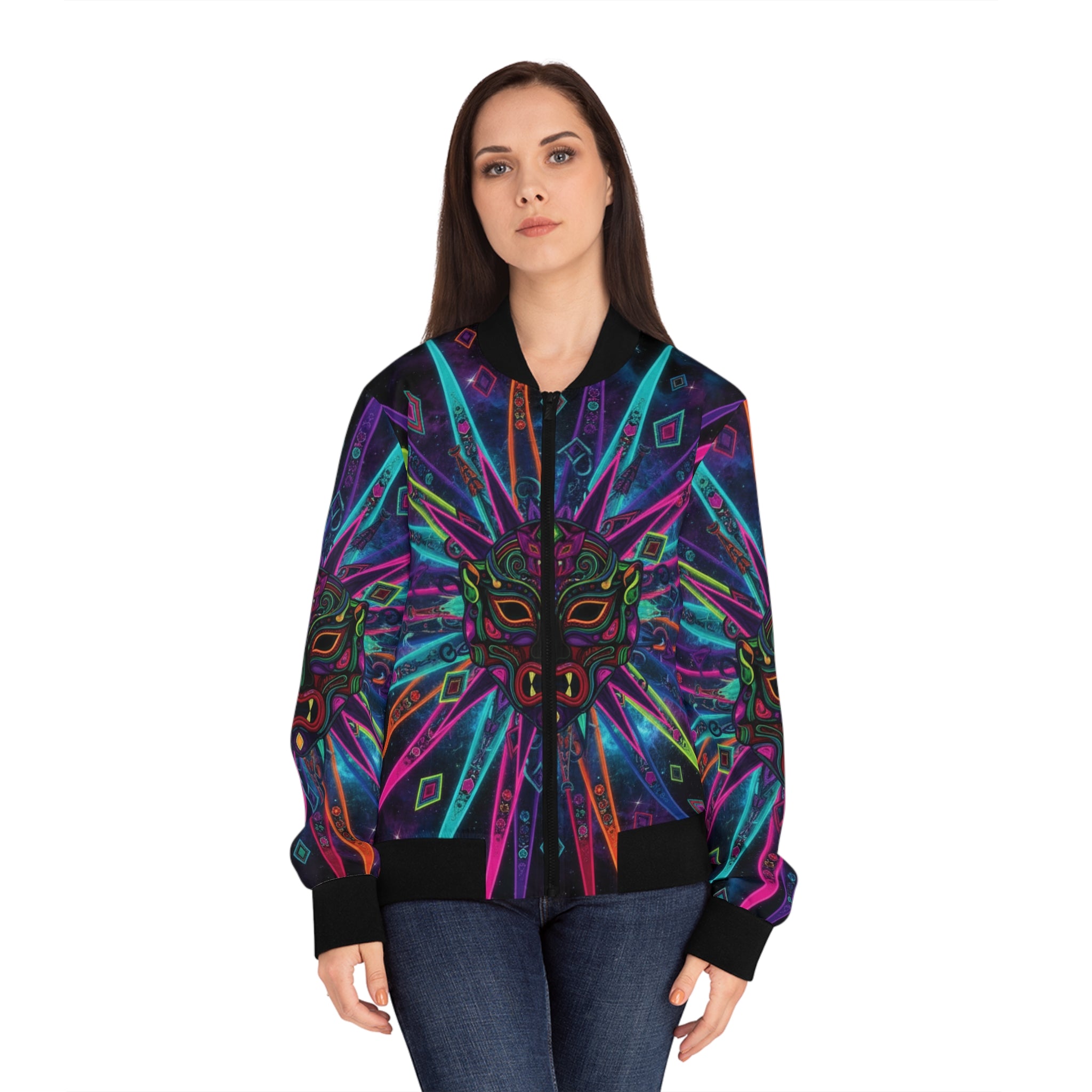 The Vejigante Explosion Bomber Jacket — Women's Vibrant Tribal Outerwear