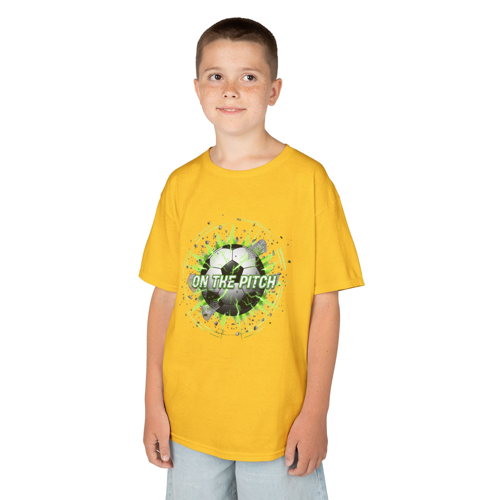 Kids Soccer T‑Shirt — 'On The Pitch' Green Splatter Design