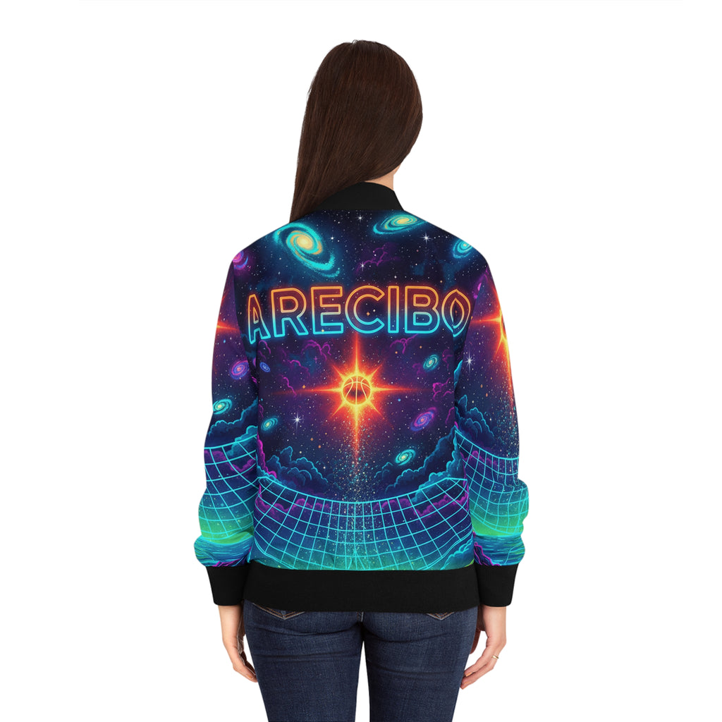 Arecibo: La Cancha y el Cosmos Bomber Jacket — Neon Retro Galaxy Print