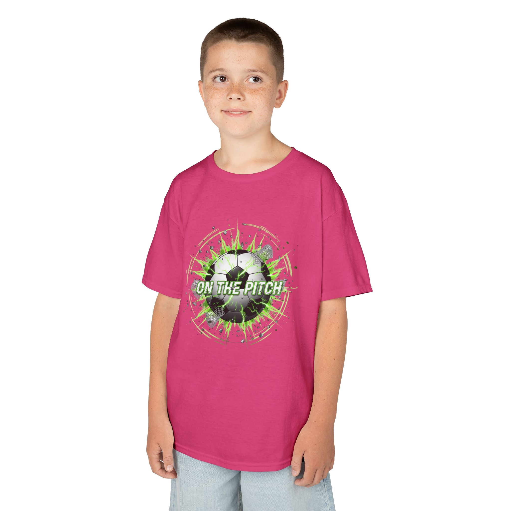 Kids Soccer T‑Shirt — 'On The Pitch' Green Splatter Design