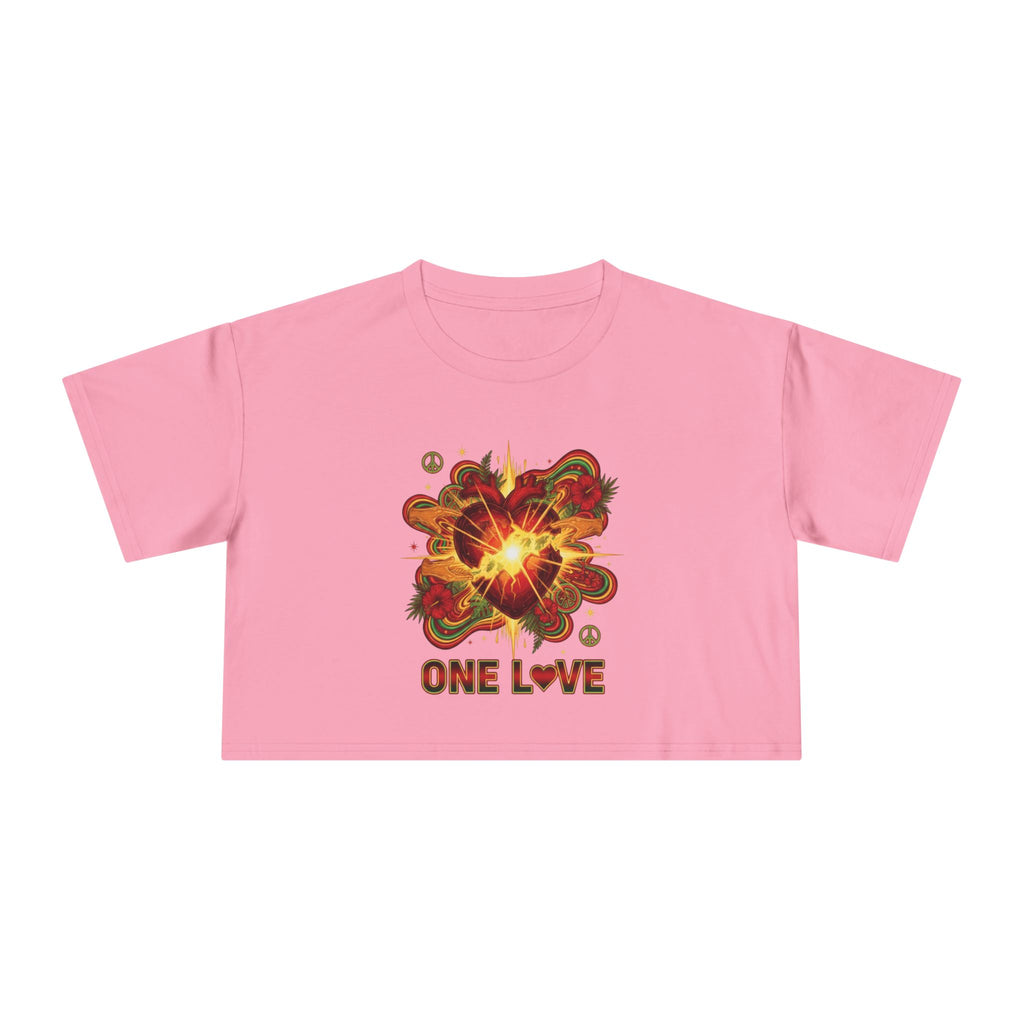 One Love Retro Heart Crop Tee — Women's Peace & Flower Power Graphic
