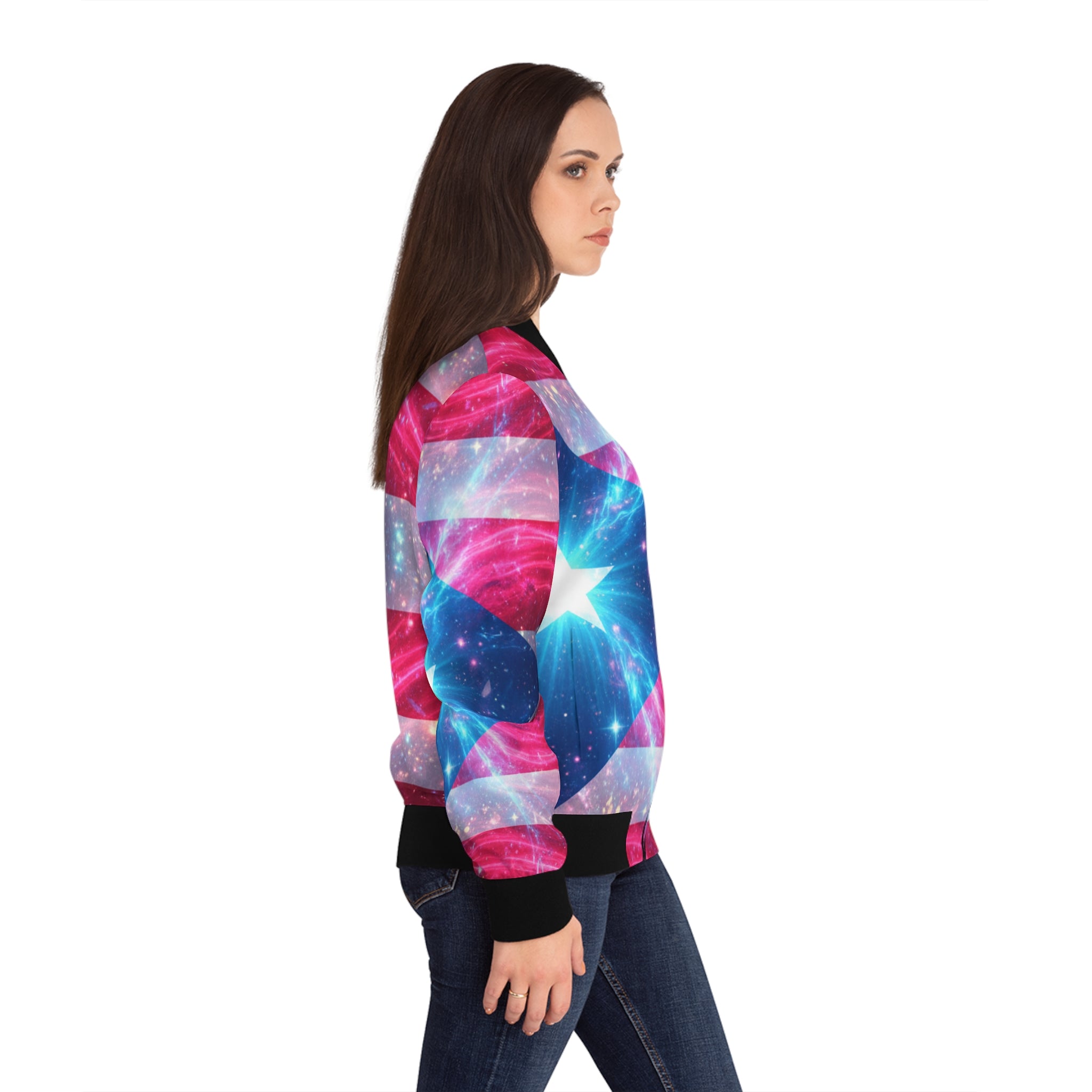 La Bandera Vive Bomber Jacket — Neon Flag All-Over Print