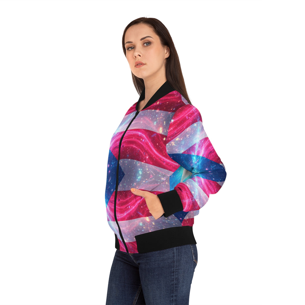 La Bandera Vive Bomber Jacket — Neon Flag All-Over Print