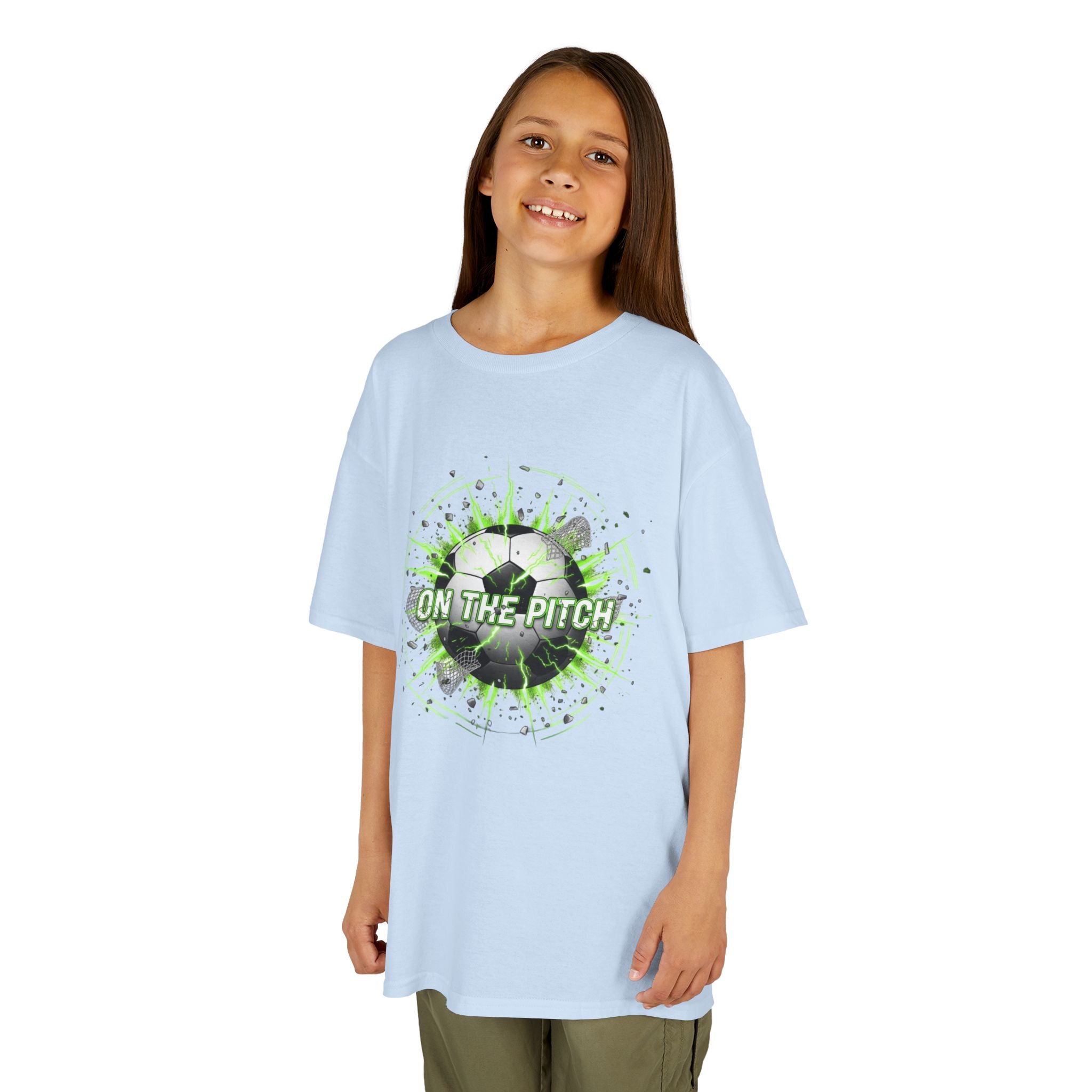 Kids Soccer T‑Shirt — 'On The Pitch' Green Splatter Design