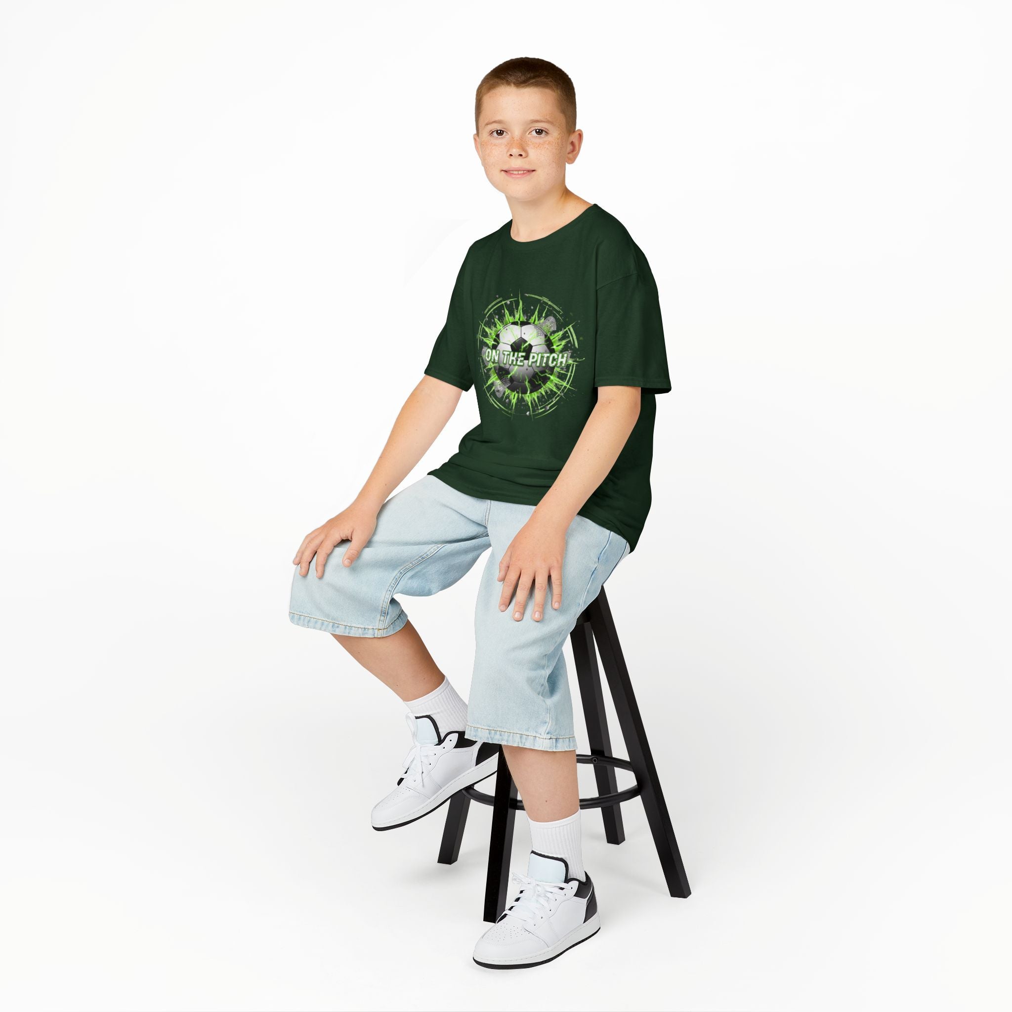 Kids Soccer T‑Shirt — 'On The Pitch' Green Splatter Design