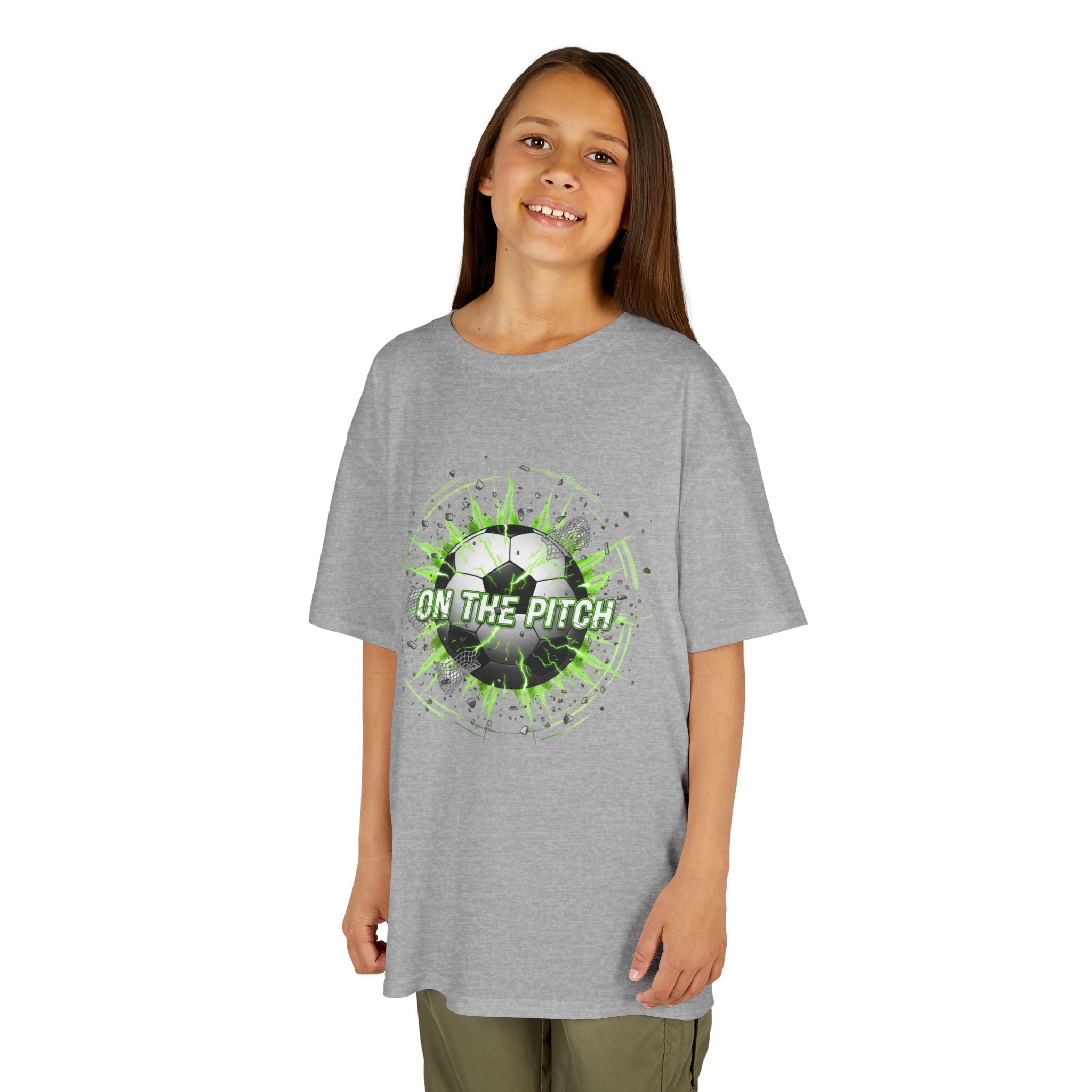 Kids Soccer T‑Shirt — 'On The Pitch' Green Splatter Design