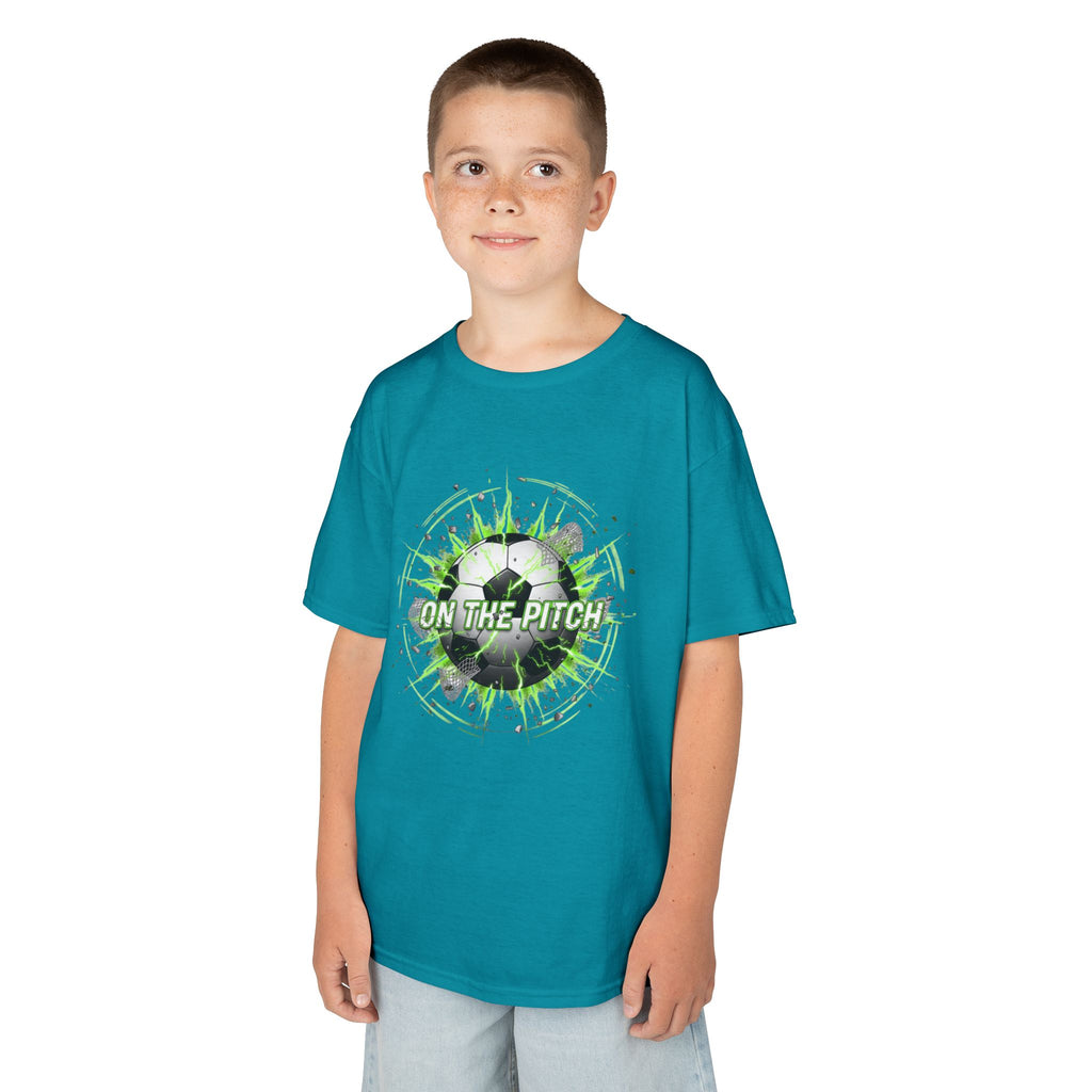 Kids Soccer T‑Shirt — 'On The Pitch' Green Splatter Design
