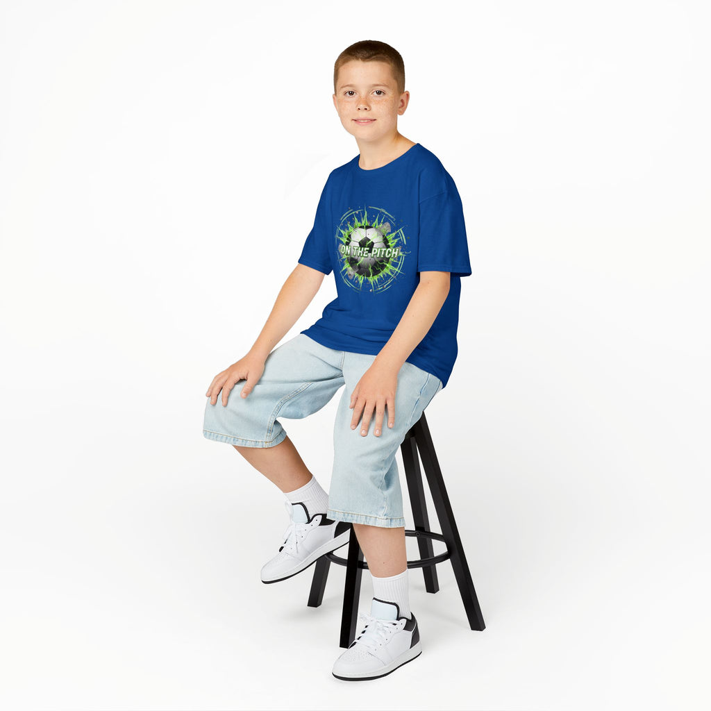 Kids Soccer T‑Shirt — 'On The Pitch' Green Splatter Design
