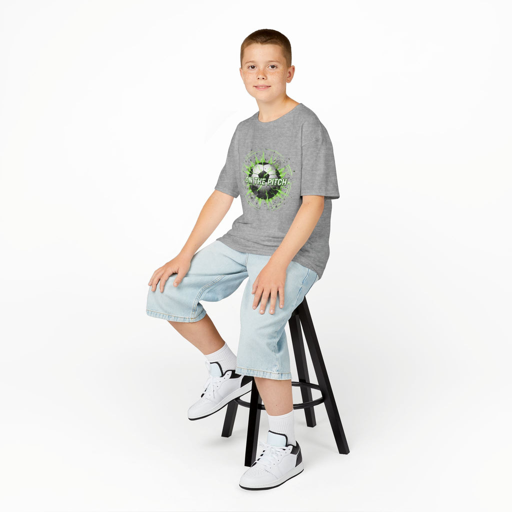 Kids Soccer T‑Shirt — 'On The Pitch' Green Splatter Design
