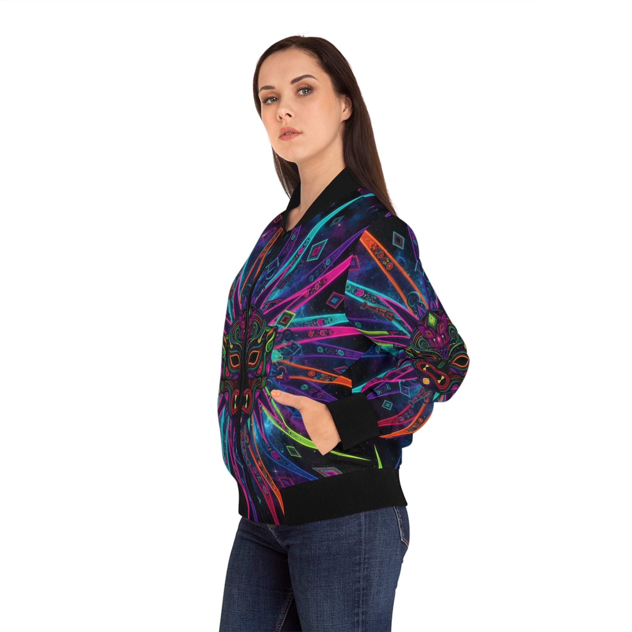 The Vejigante Explosion Bomber Jacket — Women's Vibrant Tribal Outerwear
