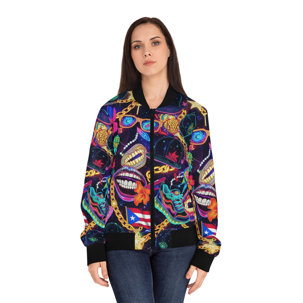 La Cultura: El Estilo Bomber Jacket — Puerto Rican Mask & Chain All-Over Print